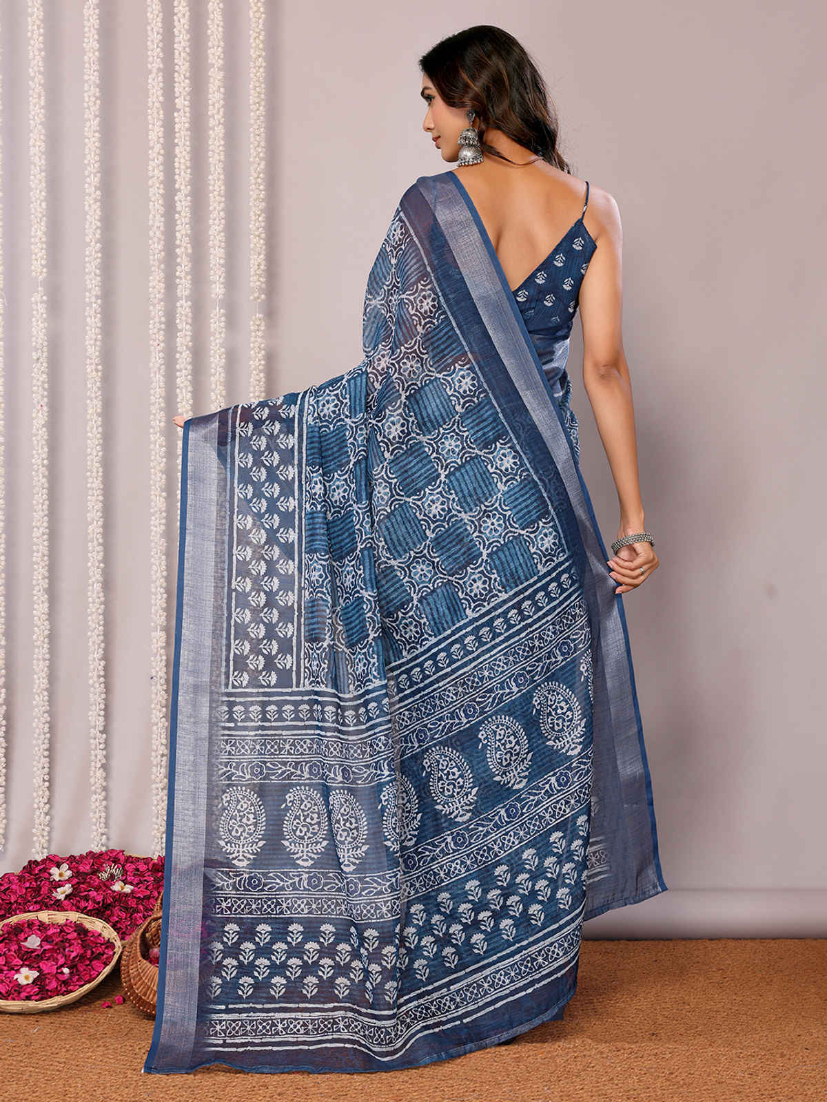 Janasya Women's Cotton Linen Block Print Printed Saree with Blouse Piece | SAR450 | Navy Blue