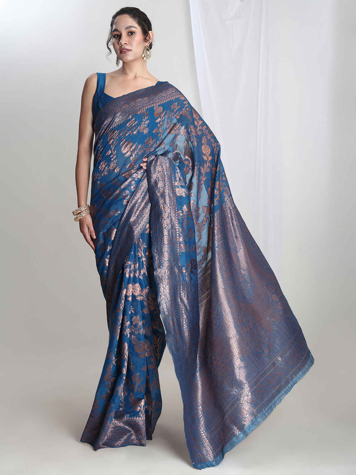 Janasya Women's Silk Blend Floral Woven Design Jacquard Saree with Blouse Piece | SAR612 | Blue