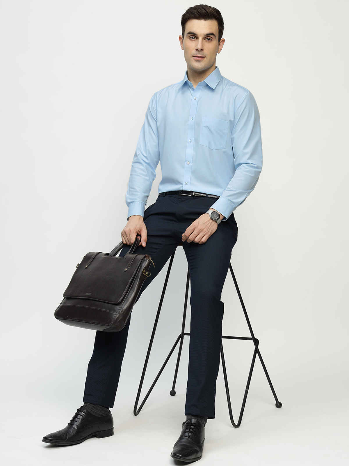 English Navy Men's Cotton Solid Slim Fit Spread Collar Button Closure Formal Shirt | Sky Blue | L
