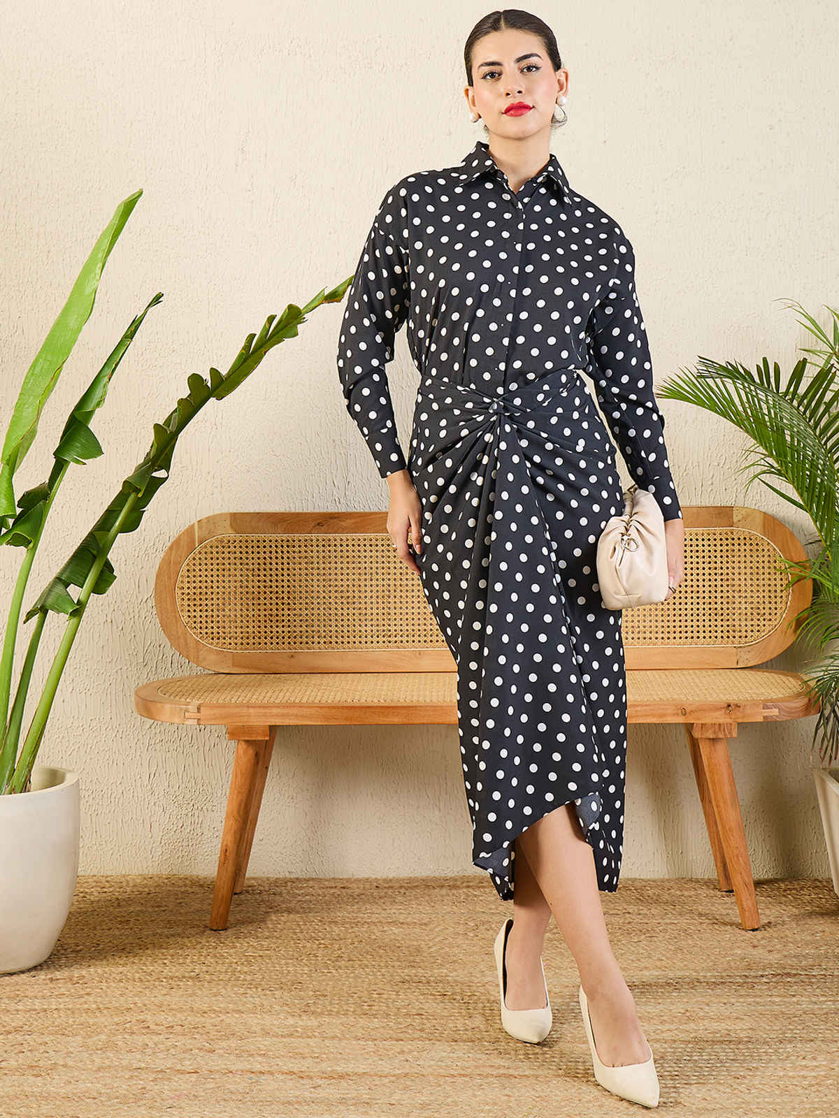 Uptownie Women's Printed Shirt with Front Twist Skirt Co-ord Set | Black - L