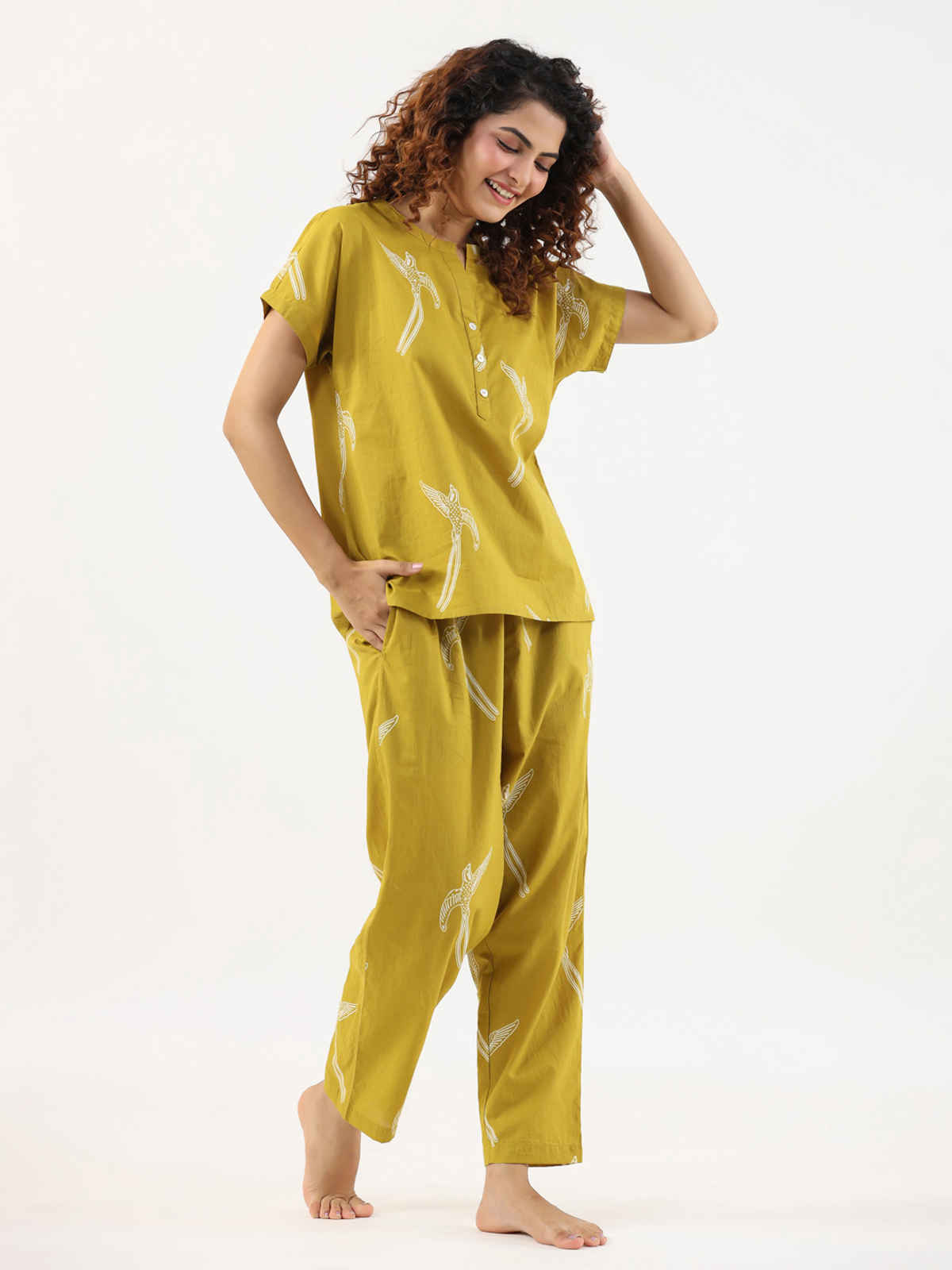 Sanskrutihomes Graphic Printed Pure Cotton Night Suit | Yellow - S