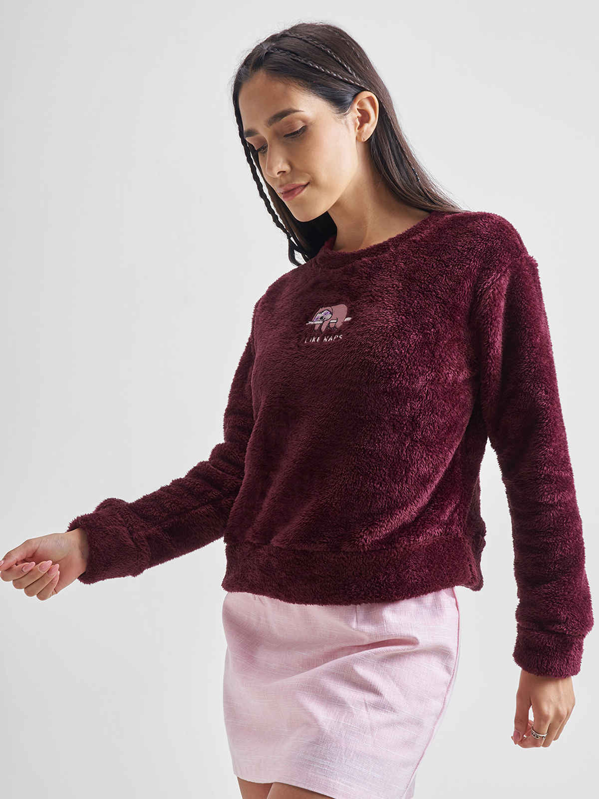 Tokyo Talkies Women's Self Design Pullover Sweatshirt | Maroon - S