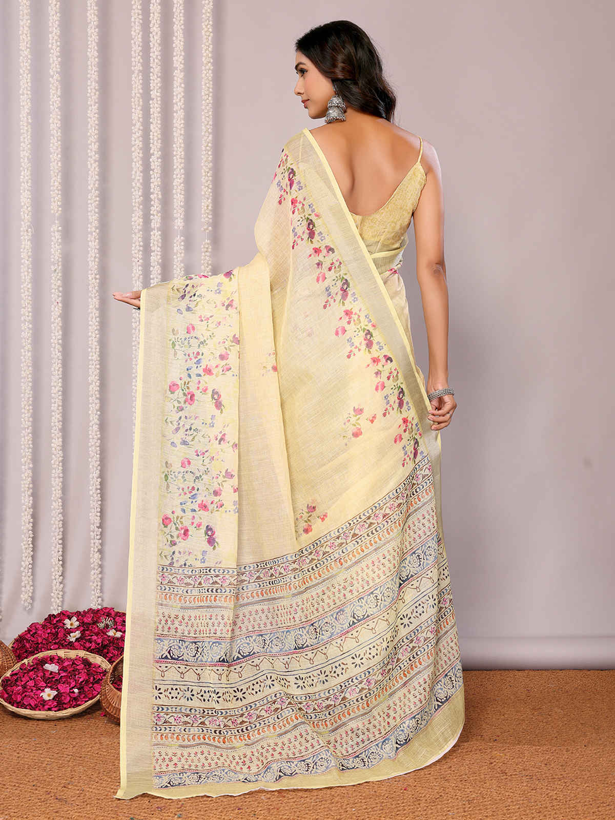 Janasya Women's Cotton Linen Floral Printed Saree with Blouse Piece | SAR449 | Light Yellow