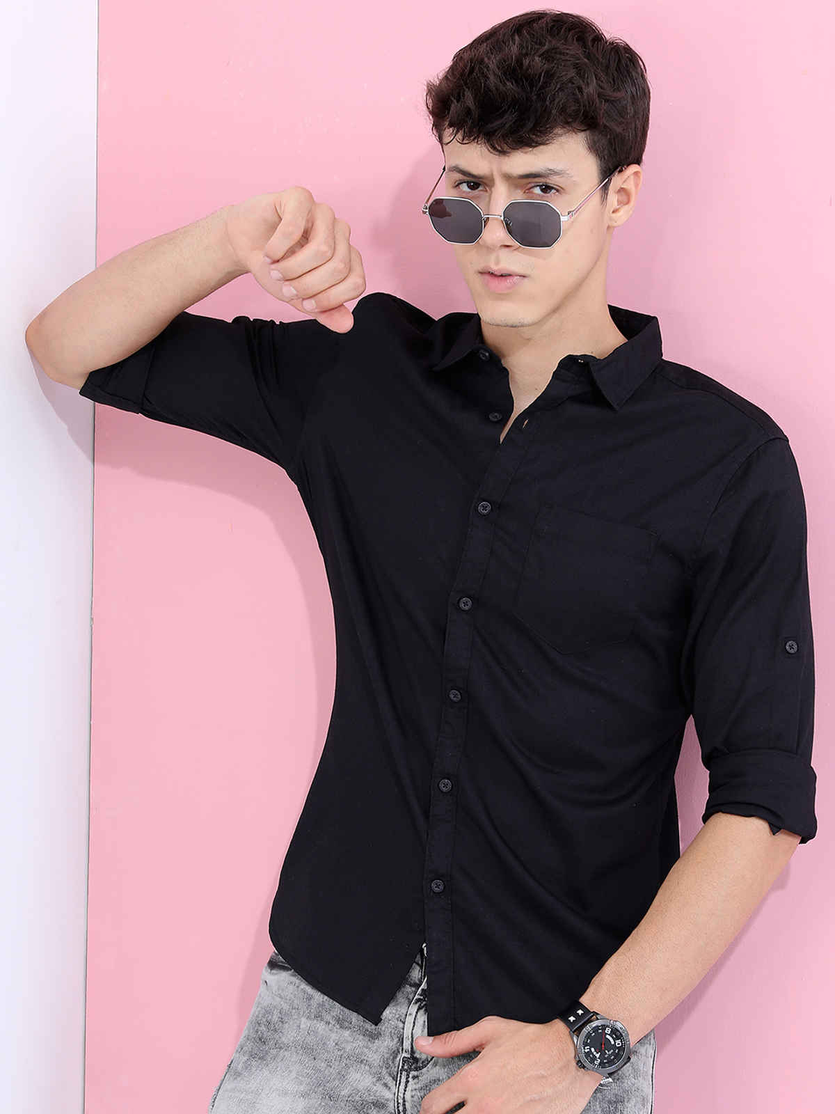 Highlander Men Black Long Roll-Up Sleeves Slim Fit Casual Shirt |Black - M