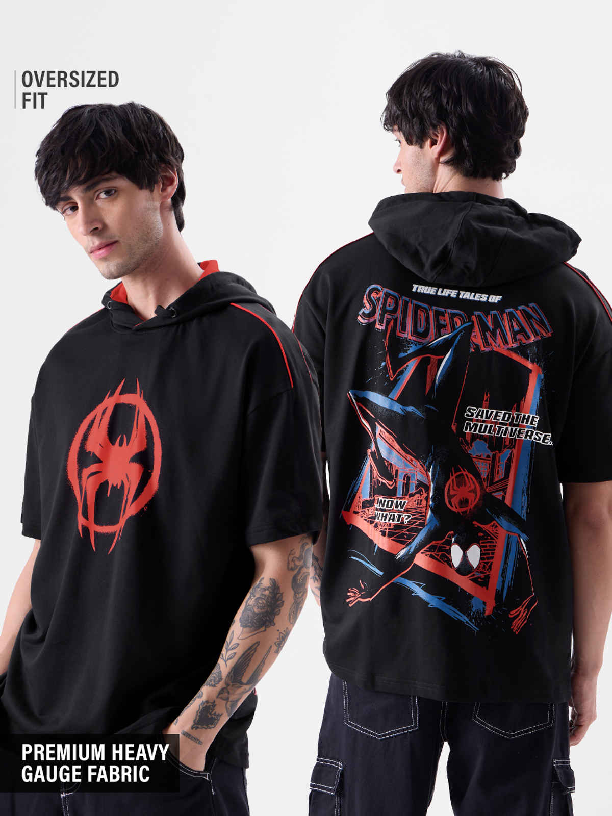 The Souled Store Men's Oversized Spider-Man- Saving The Spider-Verse Hooded T-shirts | Black | M