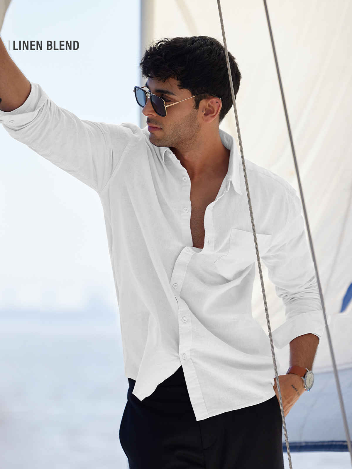 The Souled Store Men's Regular Pearl White Cotton Linen Shirts | White | L