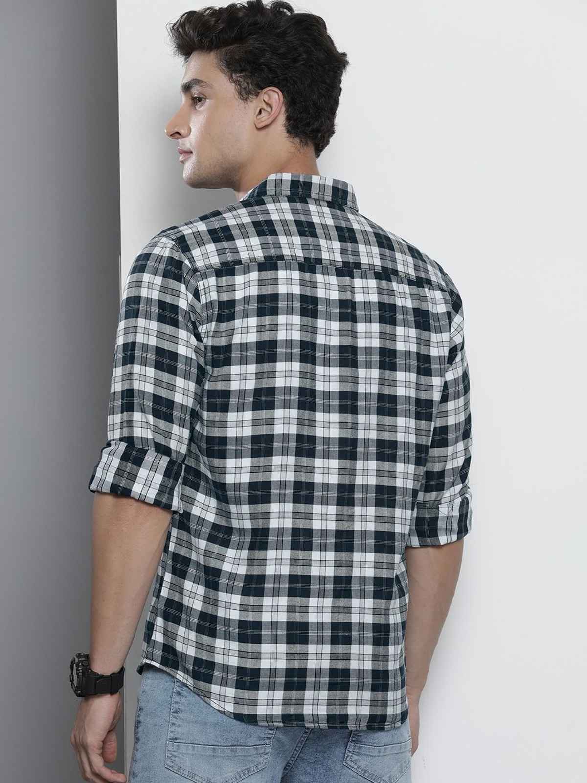The Indian Garage Co Men's Slim Fit Checked Casual Shirt | Navy Blue - M