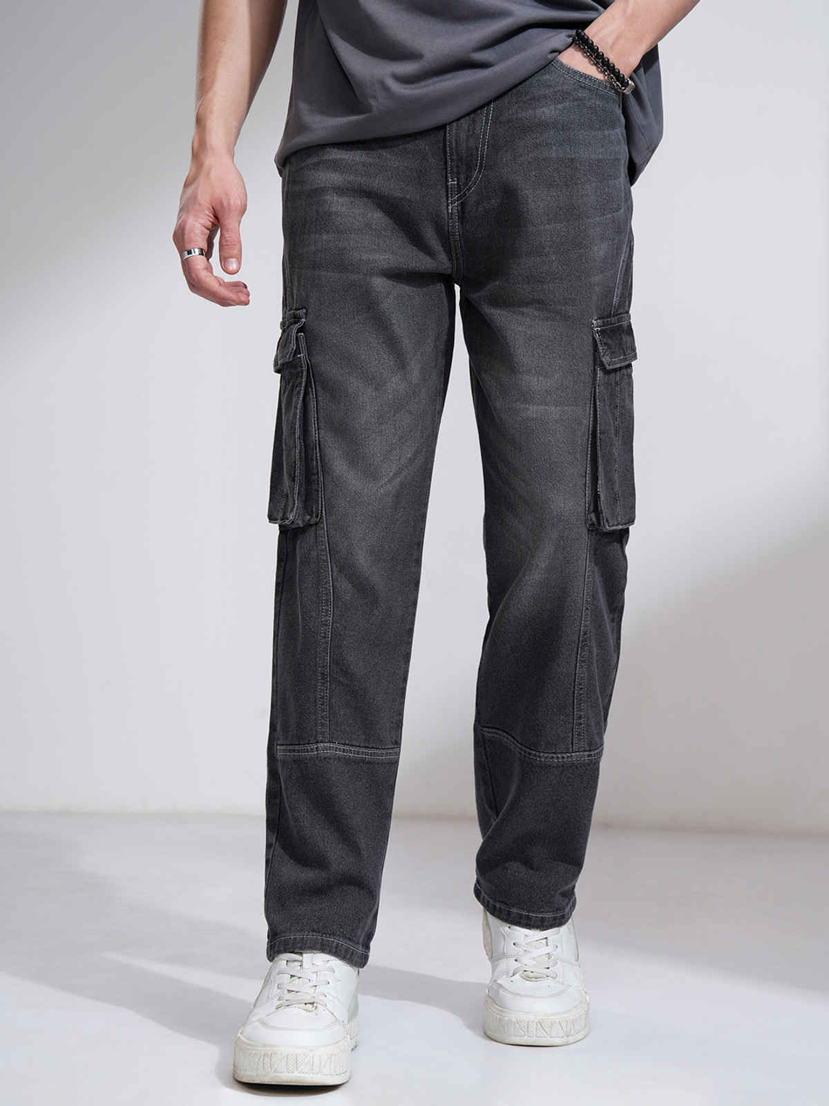 Highlander Men's Charcoal High Rise Straight Fit Cargo Jeans | Grey - 30
