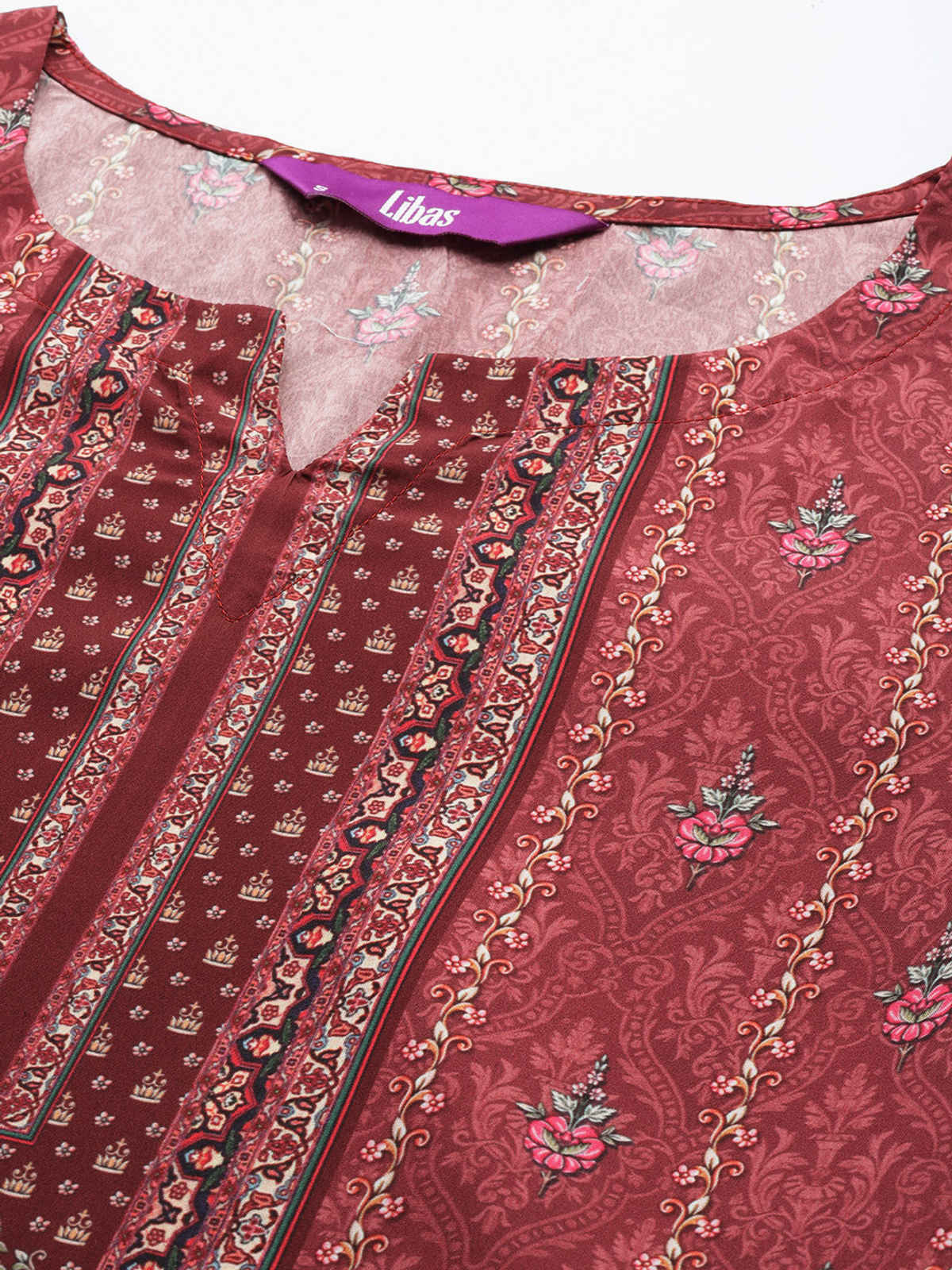Libas Printed Crepe Straight Kurta With Trousers & Dupatta | 34215R | Maroon - L