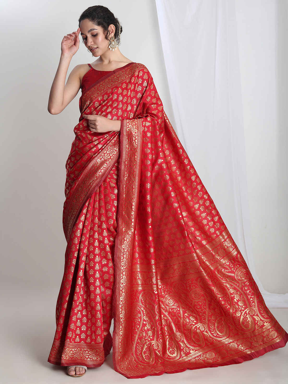 Janasya Women's Silk Blend Floral Woven Design Jacquard Saree with Blouse Piece | SAR692 | Red
