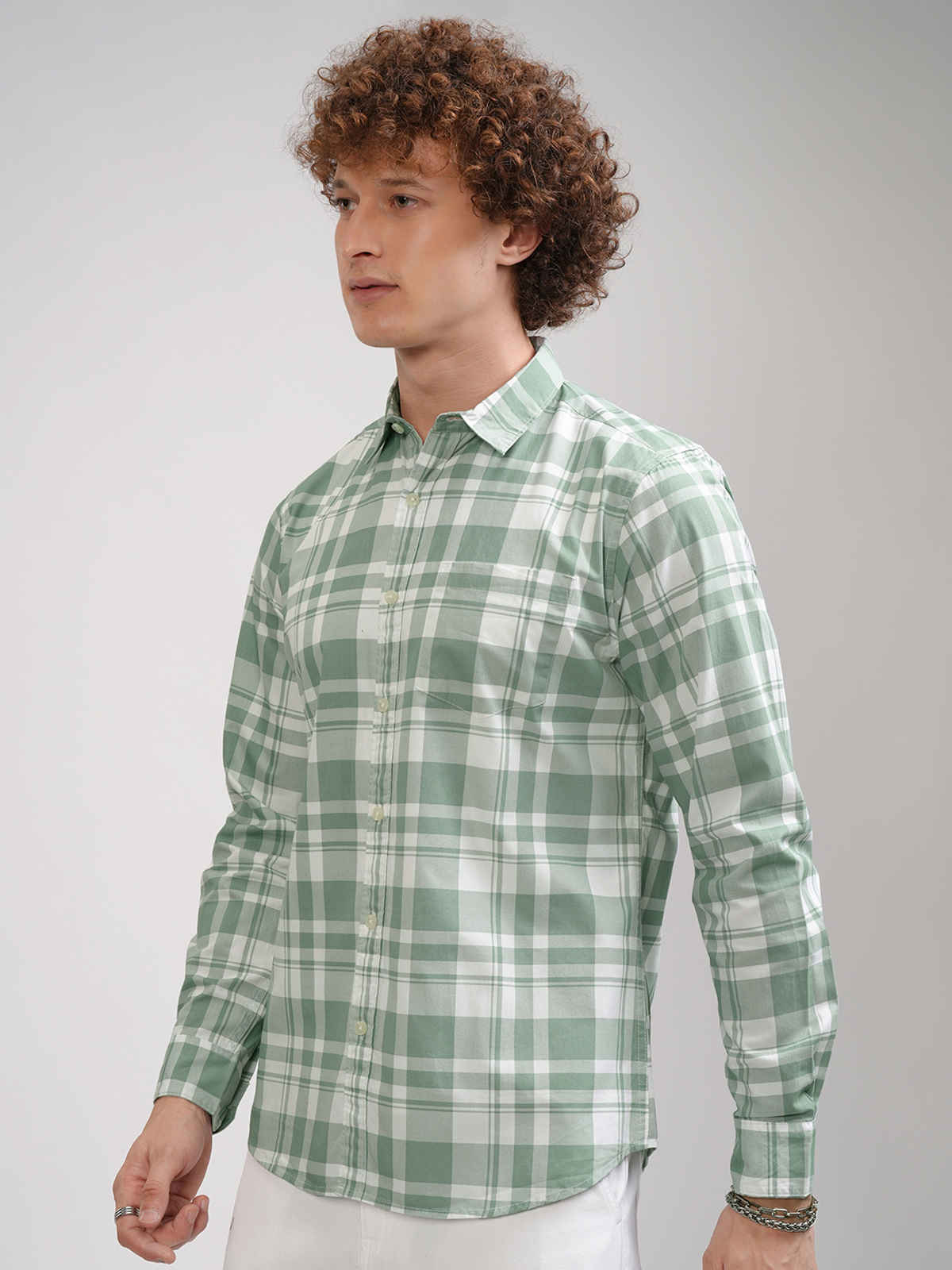 Highlander Men's Dusty Checked Slim Fit Shirt| Dusty Green & White - L