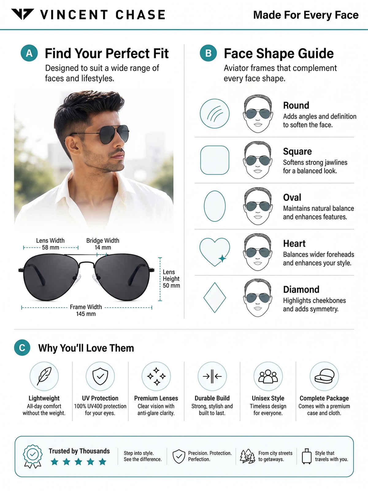 Vincent Chase By Lenskart Unisex Solid Metal Aviator Sunglasses | Black - M