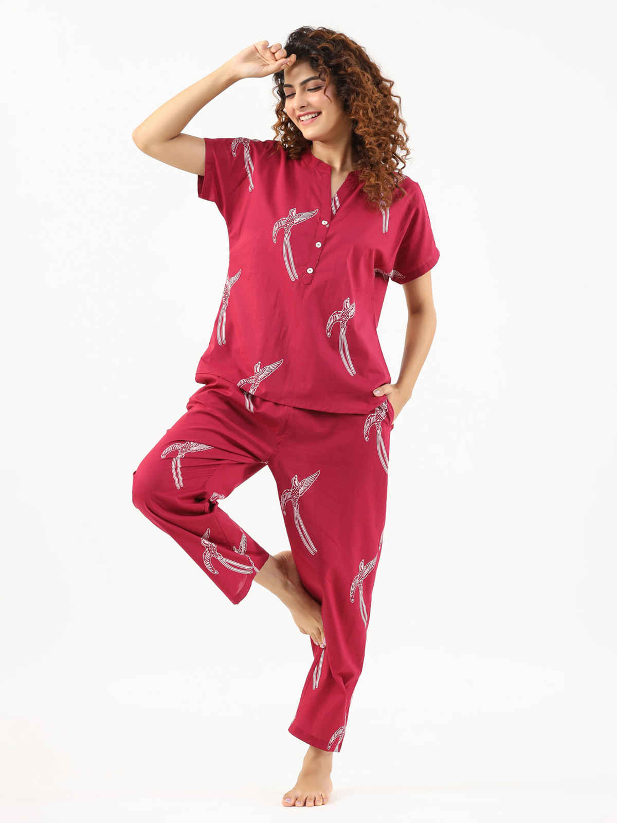 Sanskrutihomes Conversational Printed Mandarin Collar Pure Cotton Night Suit | Magenta - S