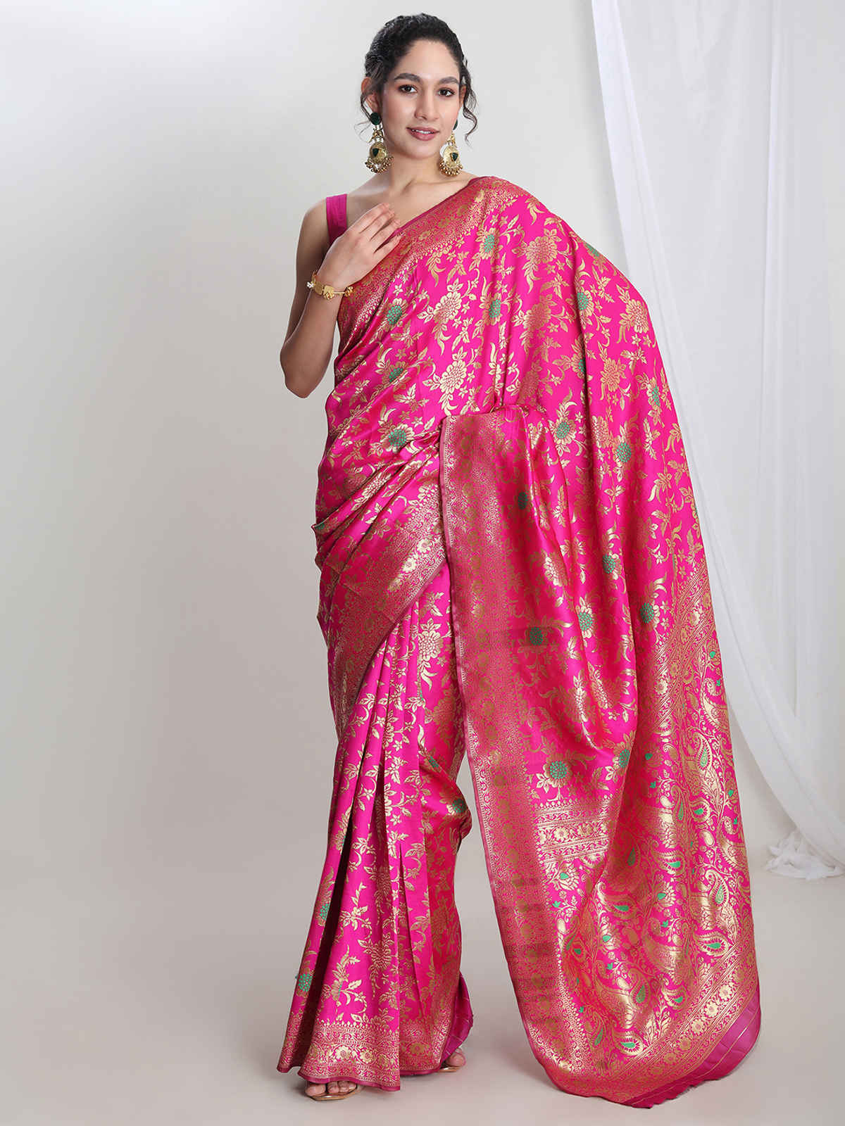 Janasya Women's Silk Blend Floral Woven Design Jacquard Saree with Blouse Piece | SAR566 | Pink