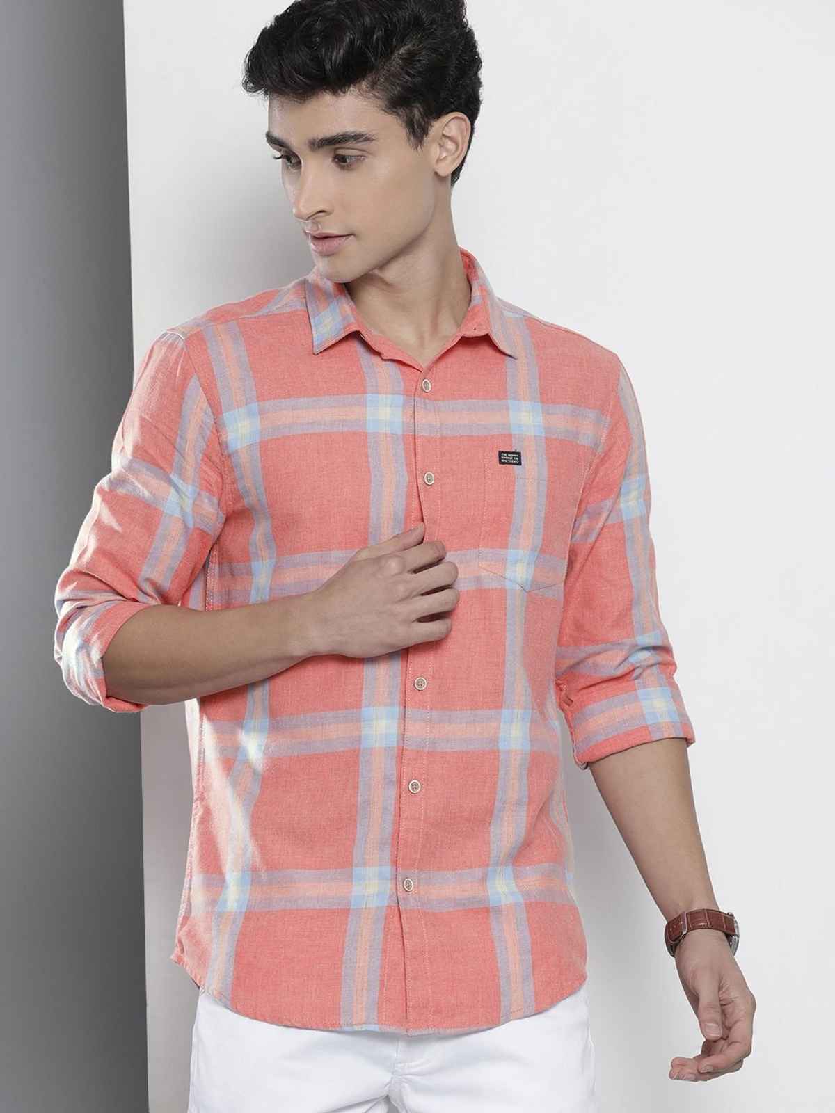 The Indian Garage Co Men's Regular Fit Checked Casual Shirt | Coral - XXL