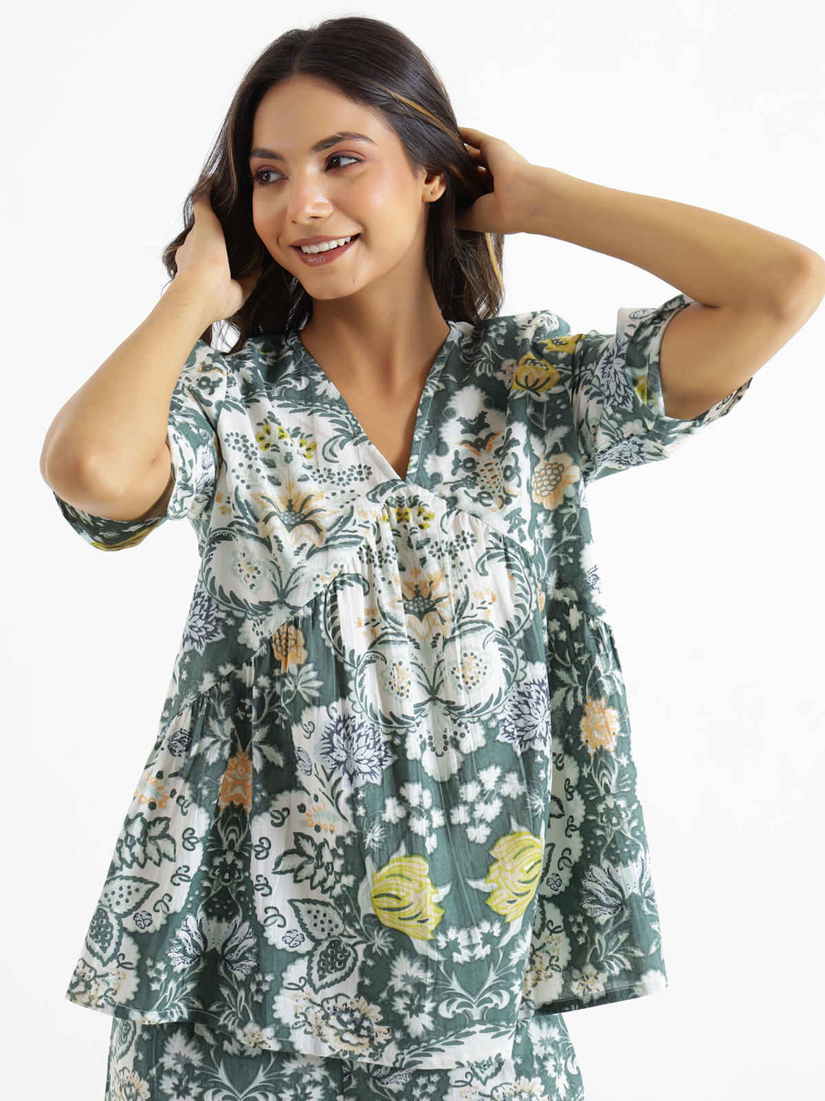 Sanskrutihomes Printed Pure Cotton Night Suit | Green - L