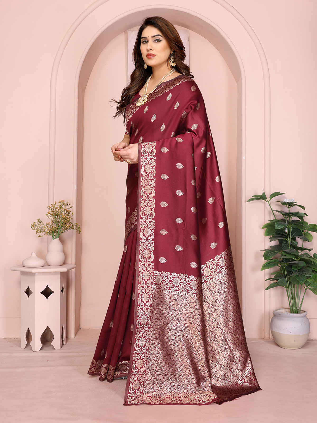 Hema Silk Mills Women Woven Banarasi Silk Blend Saree | Maroon