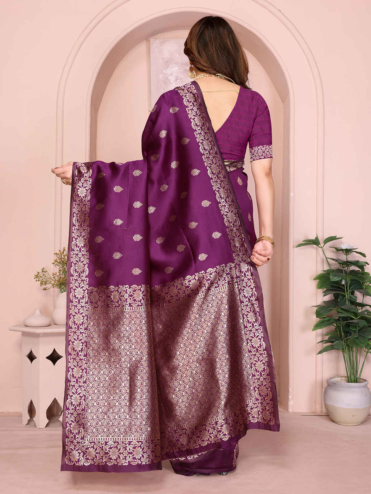 Hema Silk Mills Women Woven Banarasi Silk Blend Saree | Wine