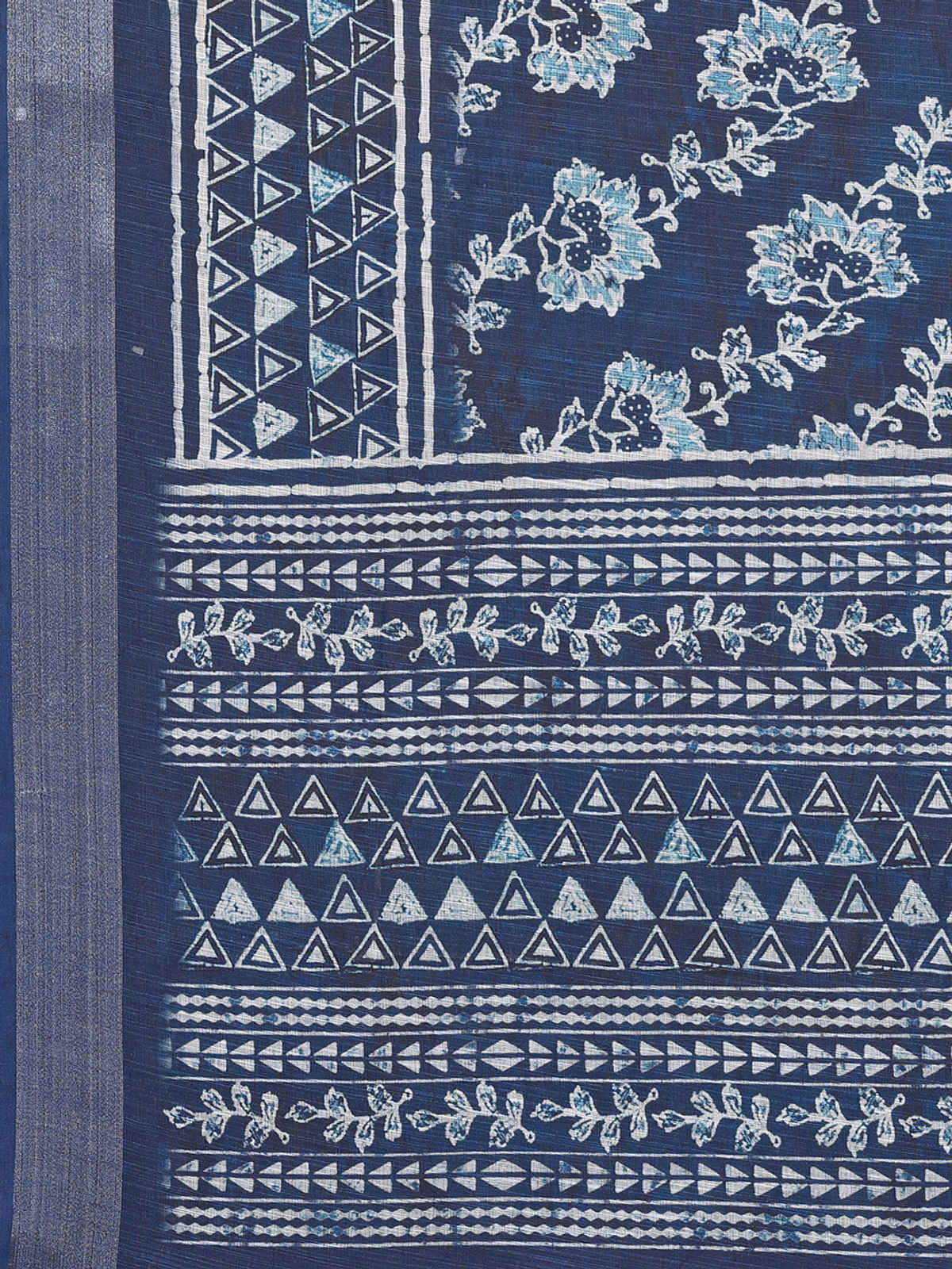 Janasya Women's Cotton Linen Floral Printed Saree with Blouse Piece | SAR444 | Navy Blue