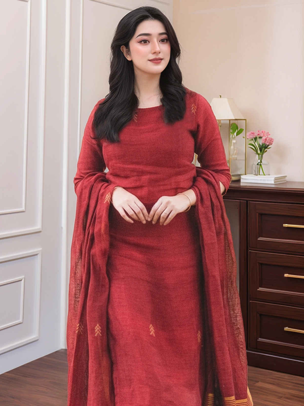 GoSriKi Women's Rayon Blend Printed Straight Kurta Set With Dupatta | Maroon - S