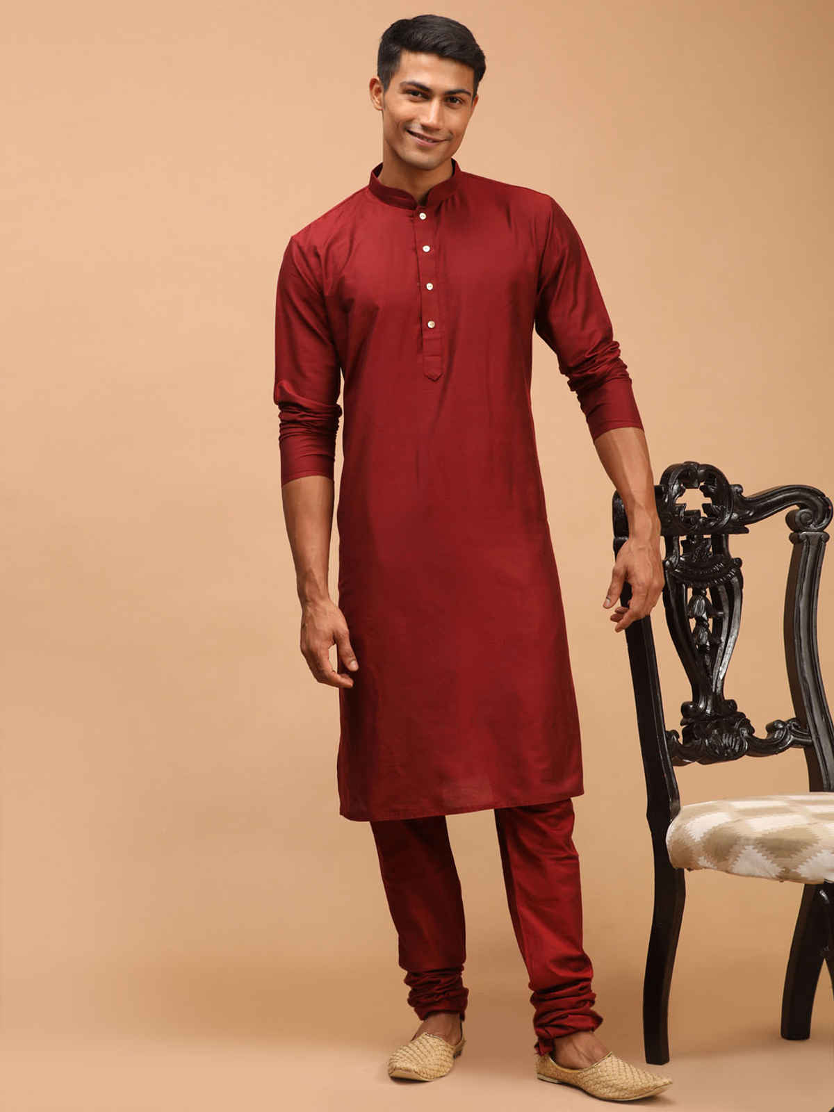 Vastramay Men's Viscose Kurta | Maroon - S