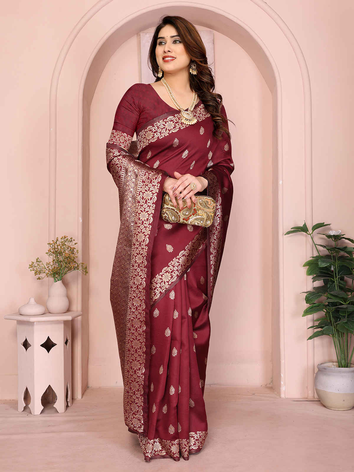 Hema Silk Mills Women Woven Banarasi Silk Blend Saree | Maroon