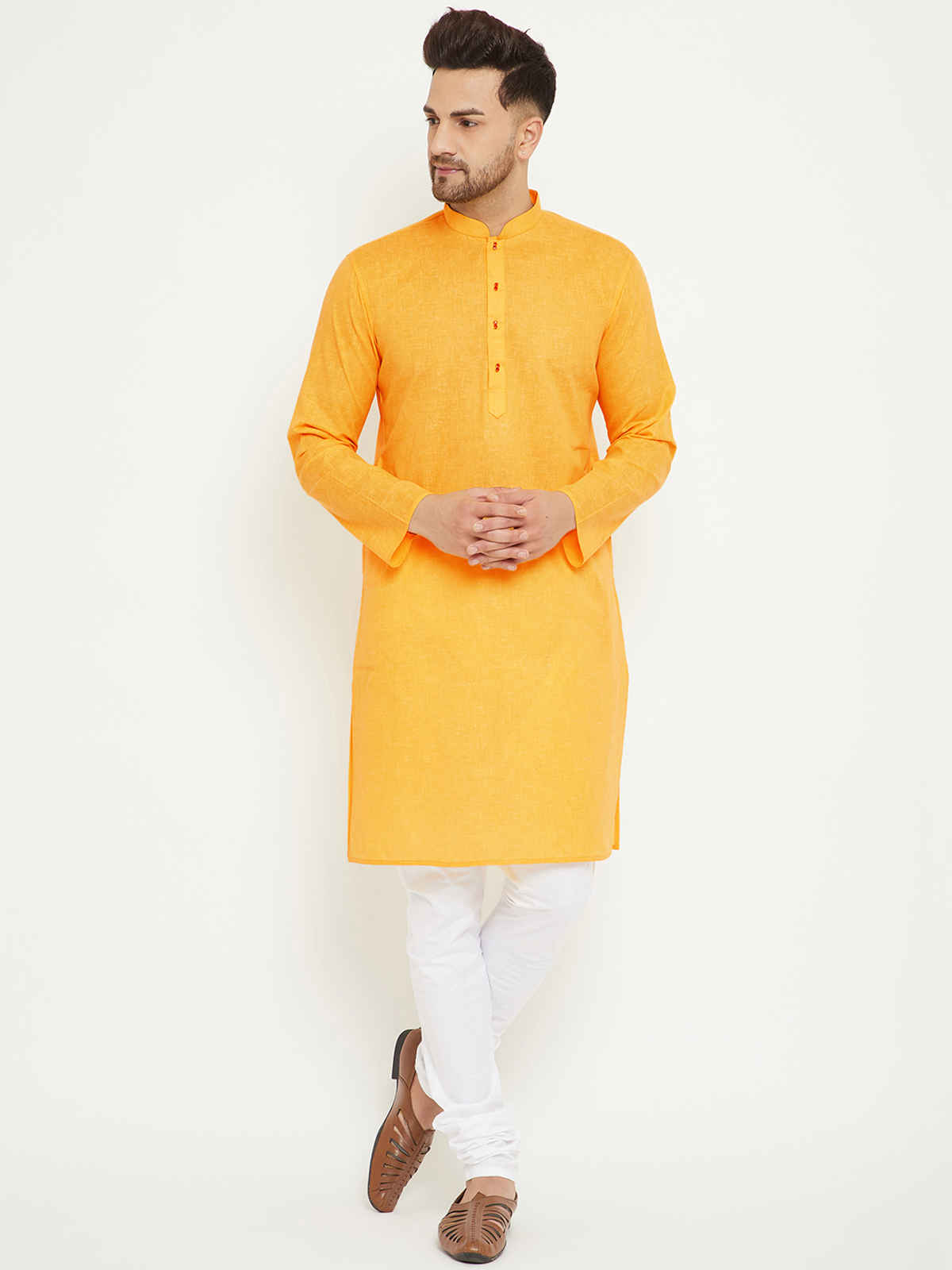 Vastramay Men's Cotton Blend Traditional Kurta | Yellow | L