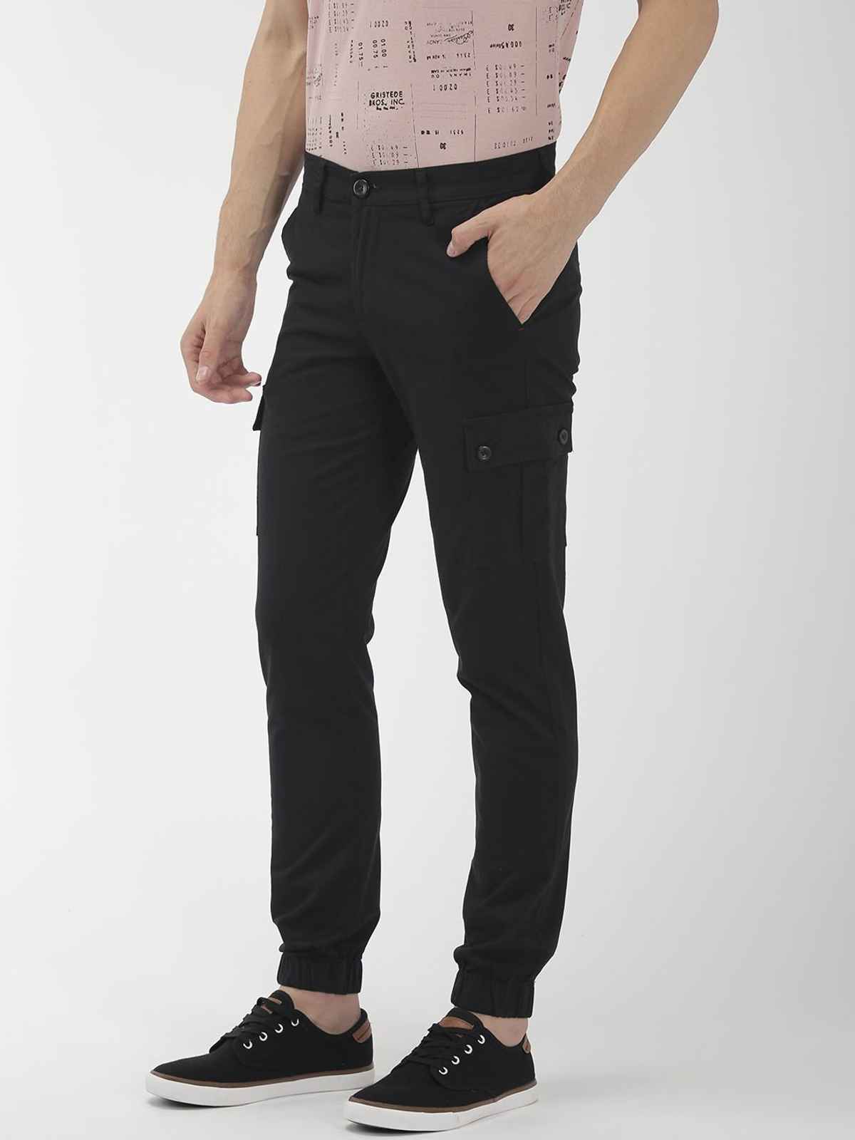 The Indian Garage Co Men's Slim Fit Solid Casual Cargos | Black - 30