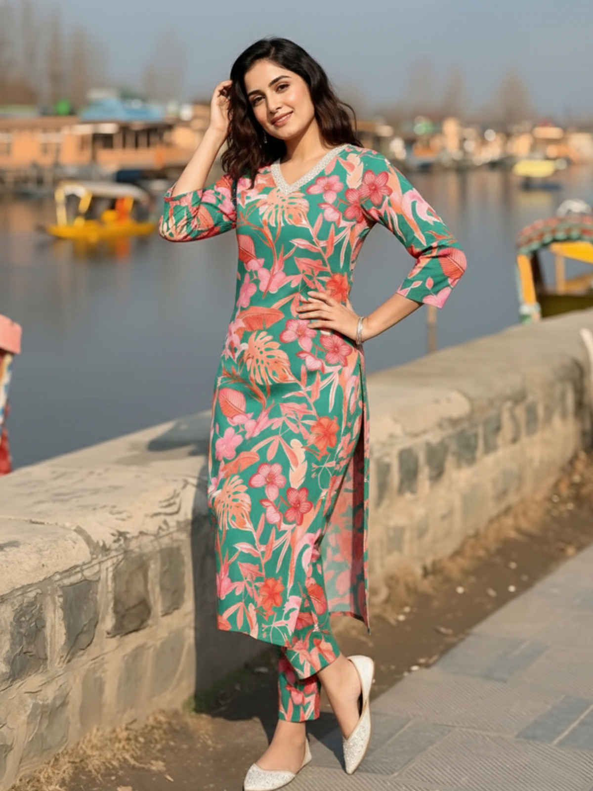 GoSriKi Women's Rayon Blend Straight Printed Kurta with Palazzo | CHINKI | Green - L