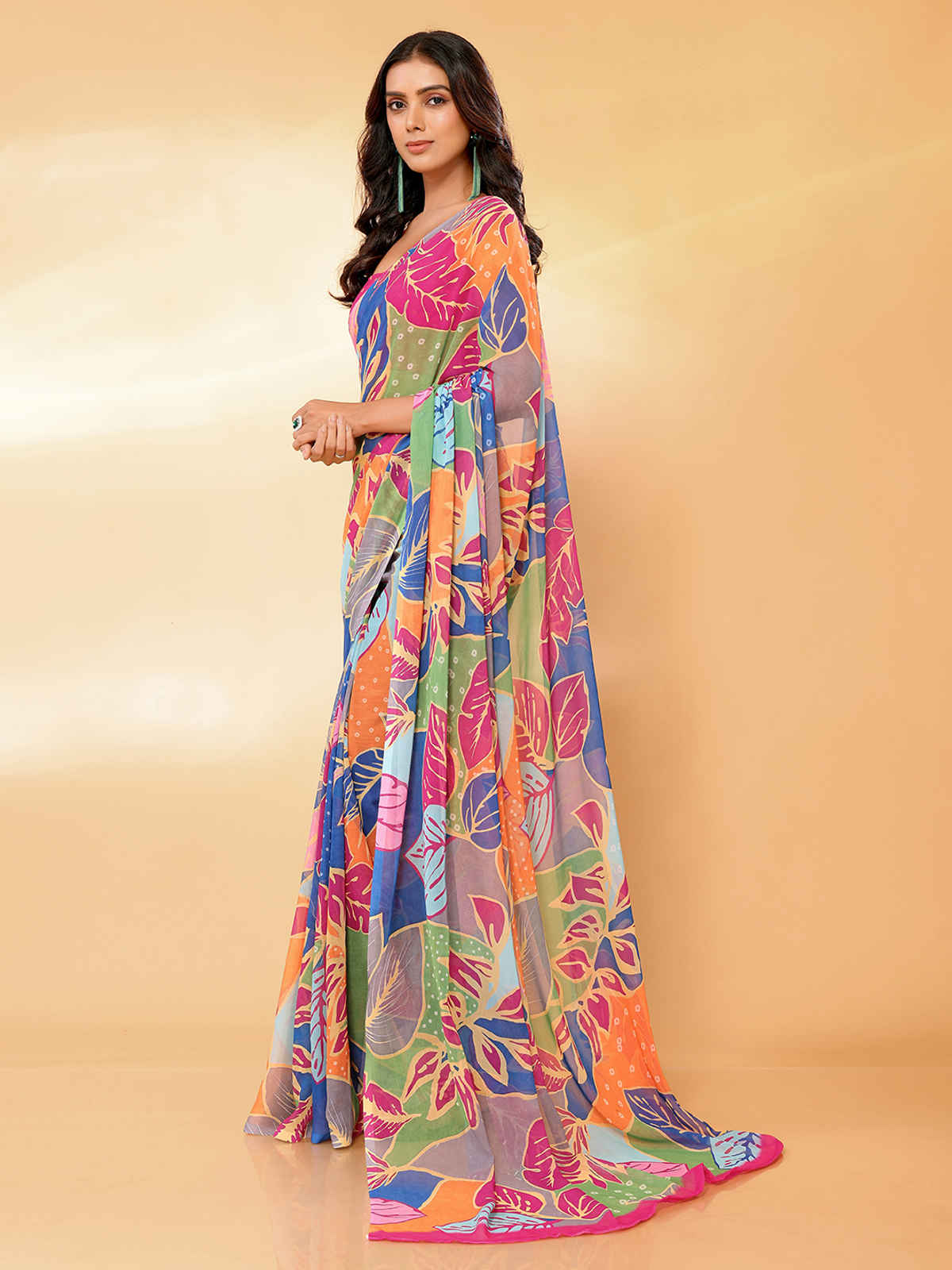 Janasya Women's Georgette Tropical Printed Saree with Blouse Piece | SAR441 | Multicolour