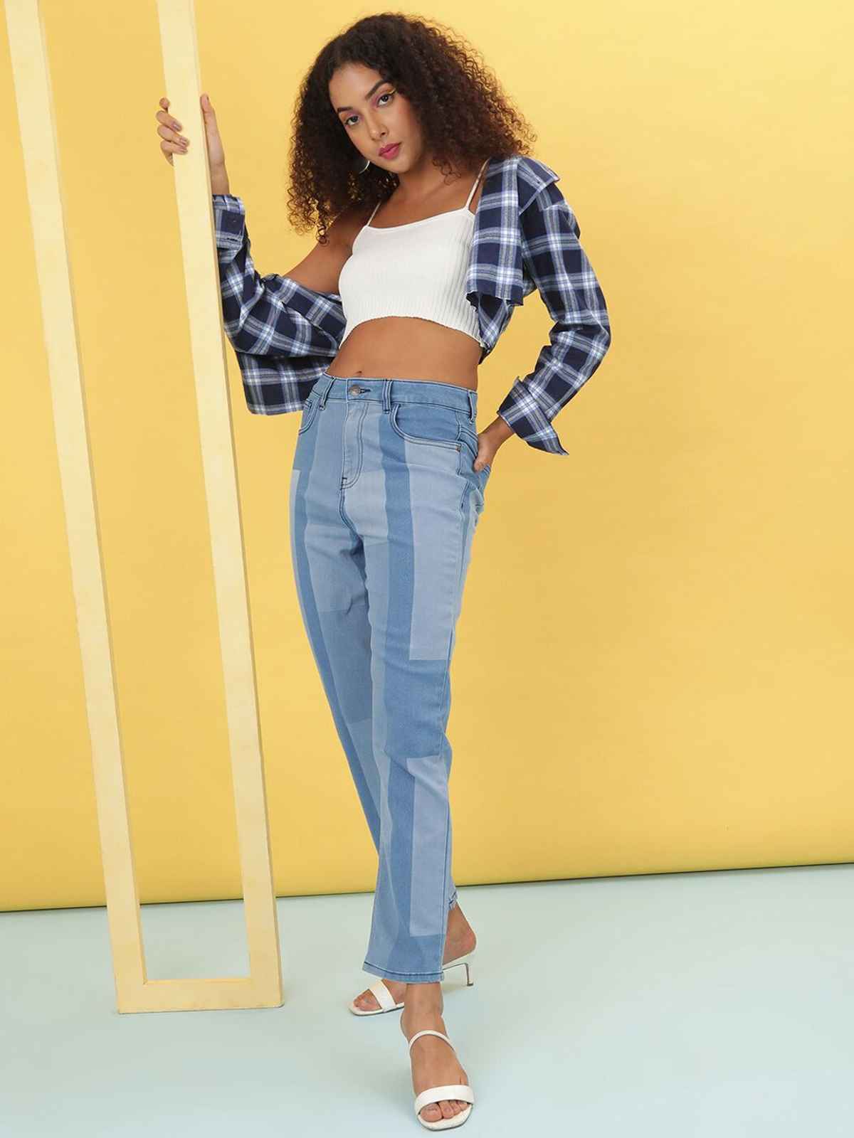 Freehand Women's Colour Block Straight Fit Denim Jeans | Blue - 28