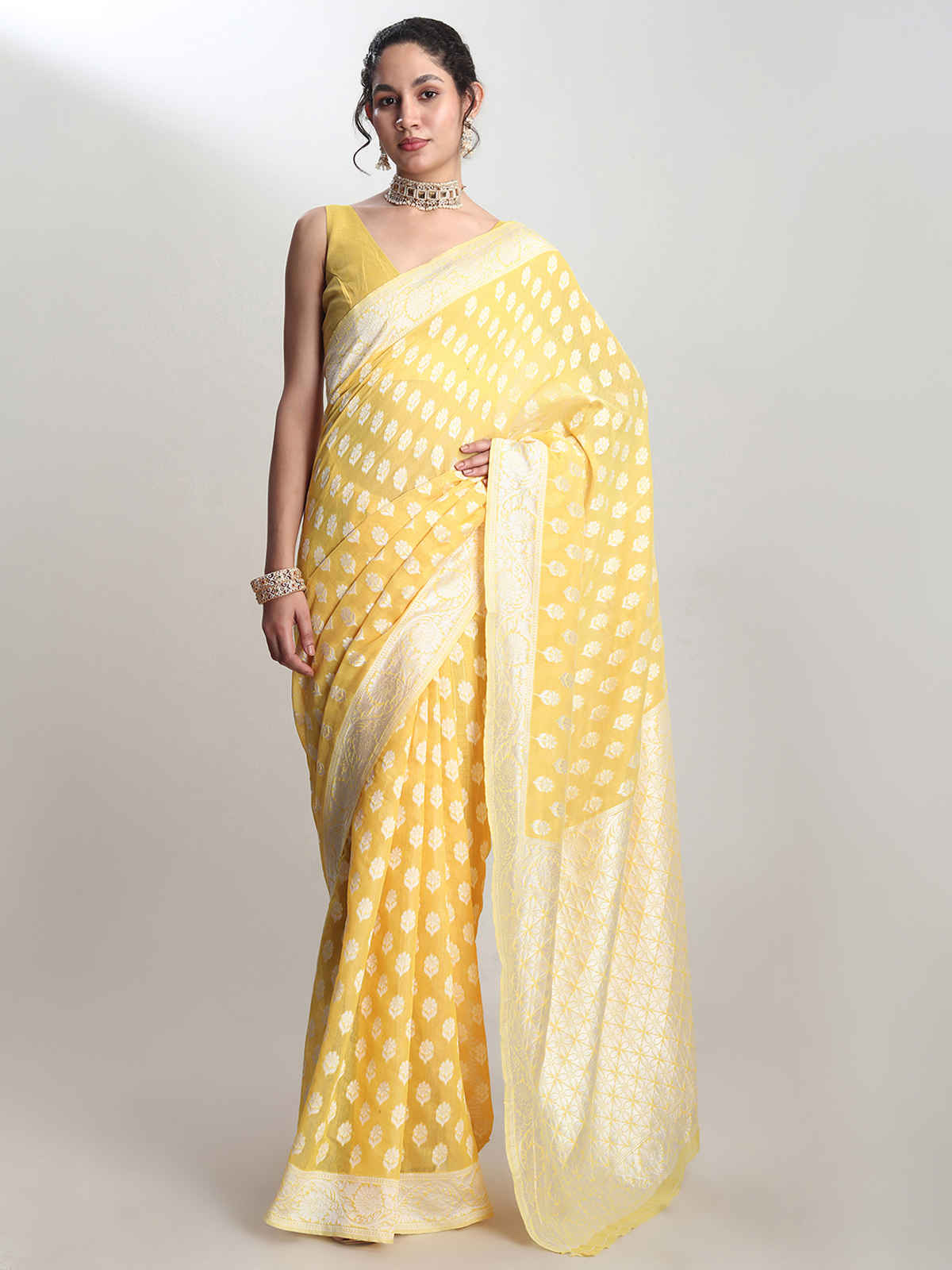 Janasya Women's Silk Blend Floral Woven Design Jacquard Saree with Blouse Piece | SAR632 | Yellow