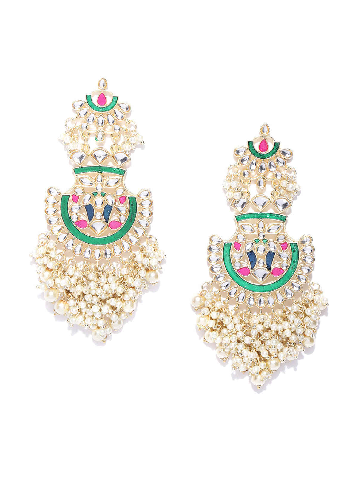 Priyaasi Gold-Plated Pachi Kundan Studded Meenakari, Heavy Drop Earrings In Green And Pink Color