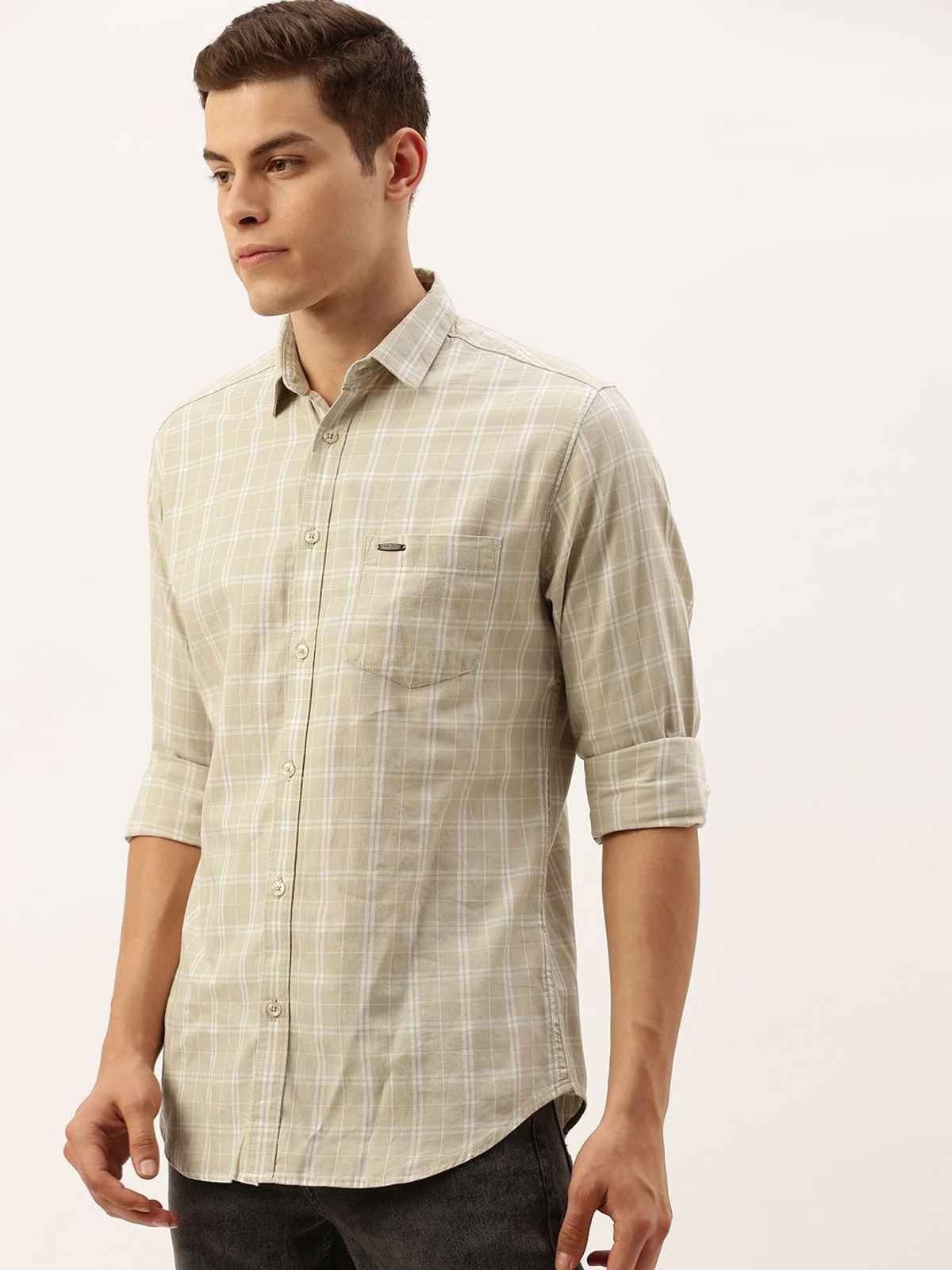 The Indian Garage Co | Men Slim Fit Checkered Casual Shirt | Beige | L