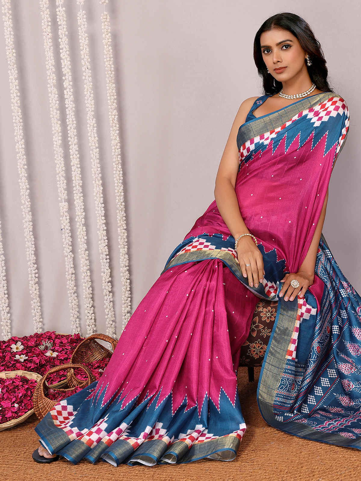 Janasya Women's Chanderi Silk Geometric Printed Saree with Blouse Piece | SAR481 | Pink and Blue