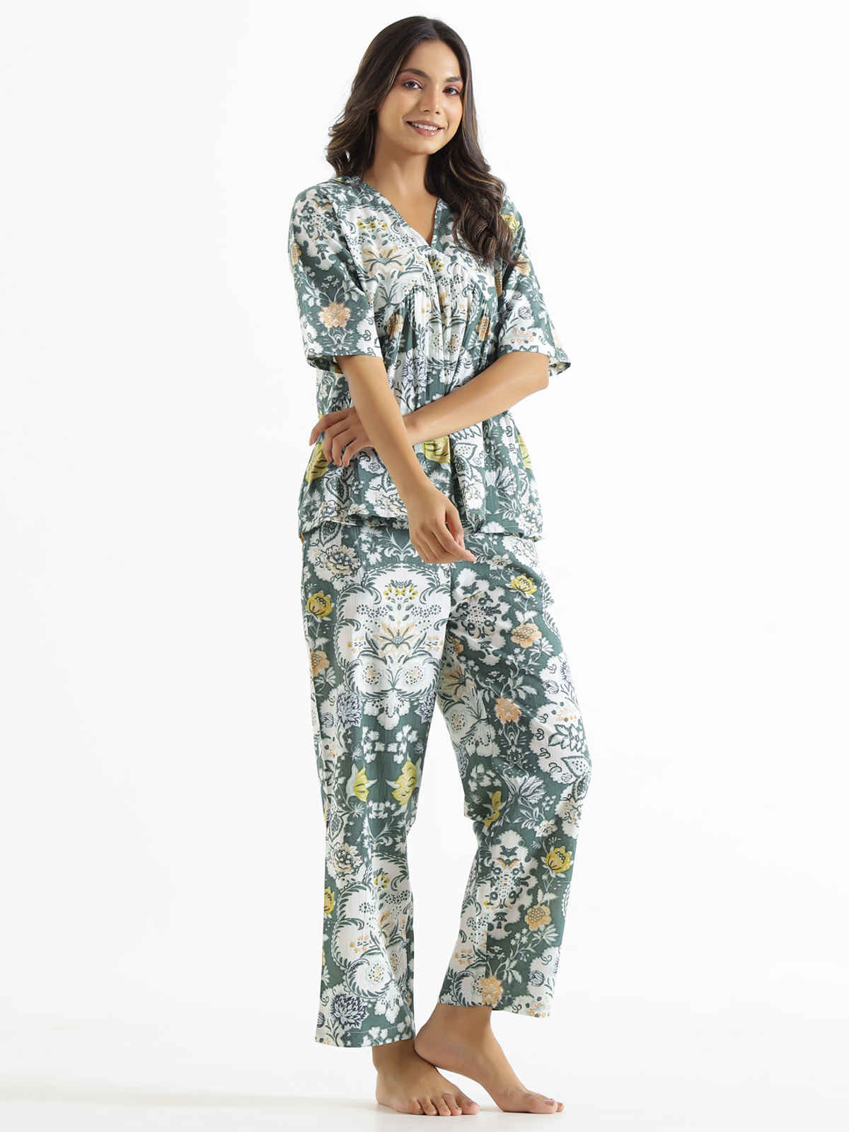 Sanskrutihomes Printed Pure Cotton Night Suit | Green - L