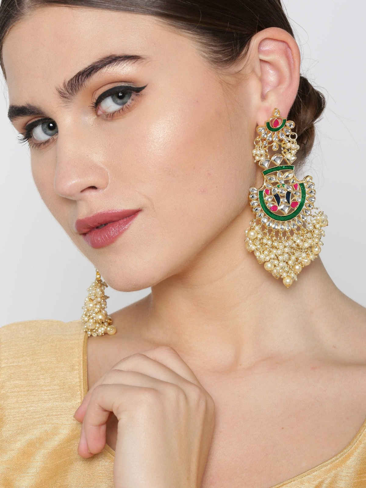Priyaasi Gold-Plated Pachi Kundan Studded Meenakari, Heavy Drop Earrings In Green And Pink Color