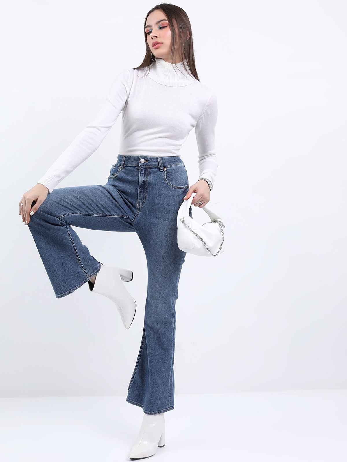 Ketch Women Turtle Neck Long Sleeves Acrylic Pullover | White | M