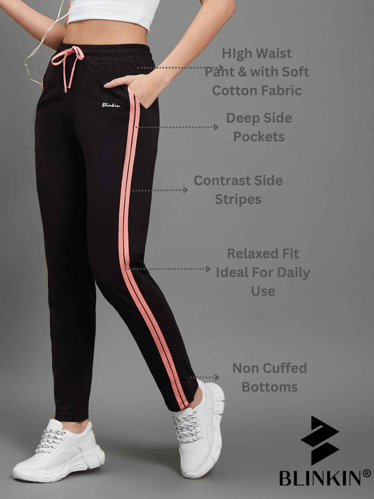 Blinkin Women's Cotton Striped Pyjamas & Track Pants with Side Pockets | Black - L