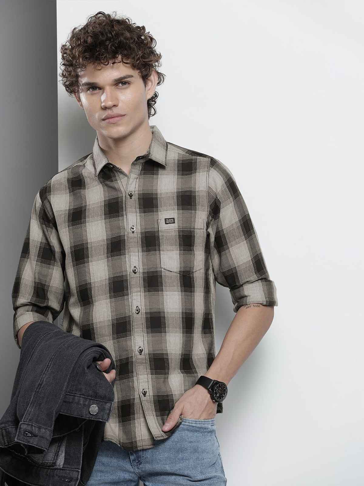 The Indian Garage Co Men's Slim Fit Checkered Casual Shirt | Grey - L