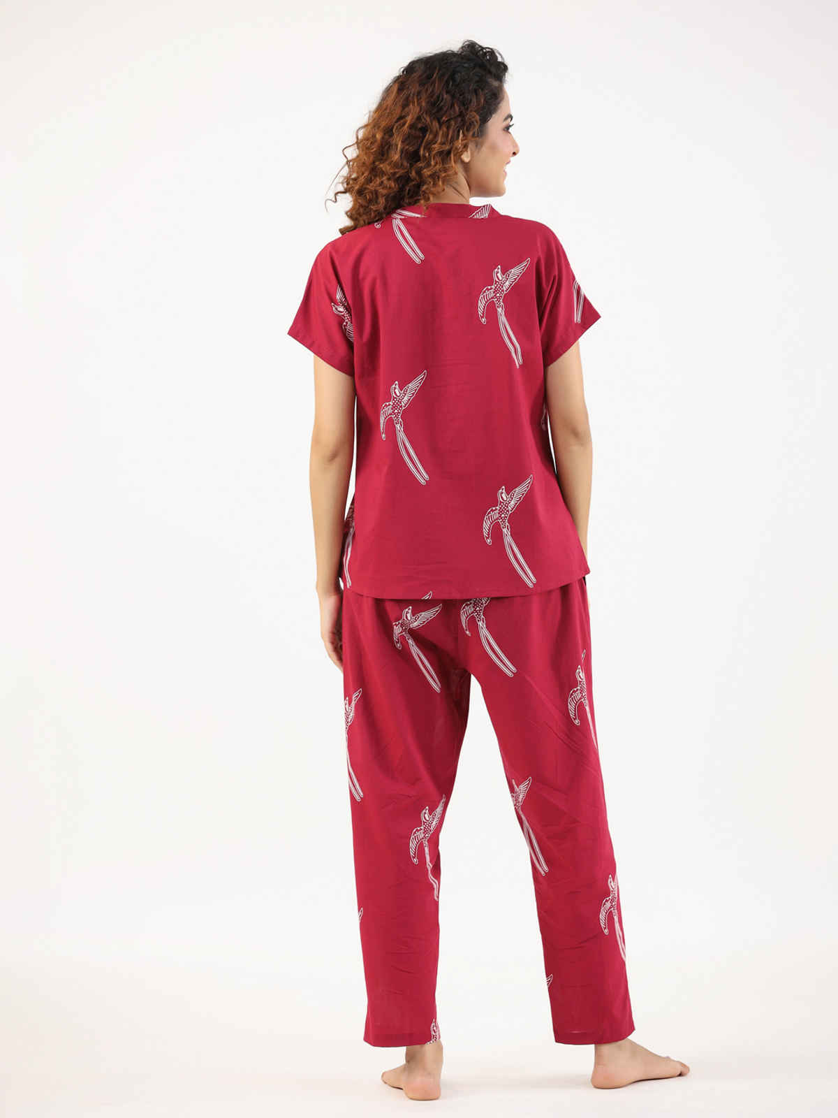 Sanskrutihomes Conversational Printed Mandarin Collar Pure Cotton Night Suit | Magenta - S