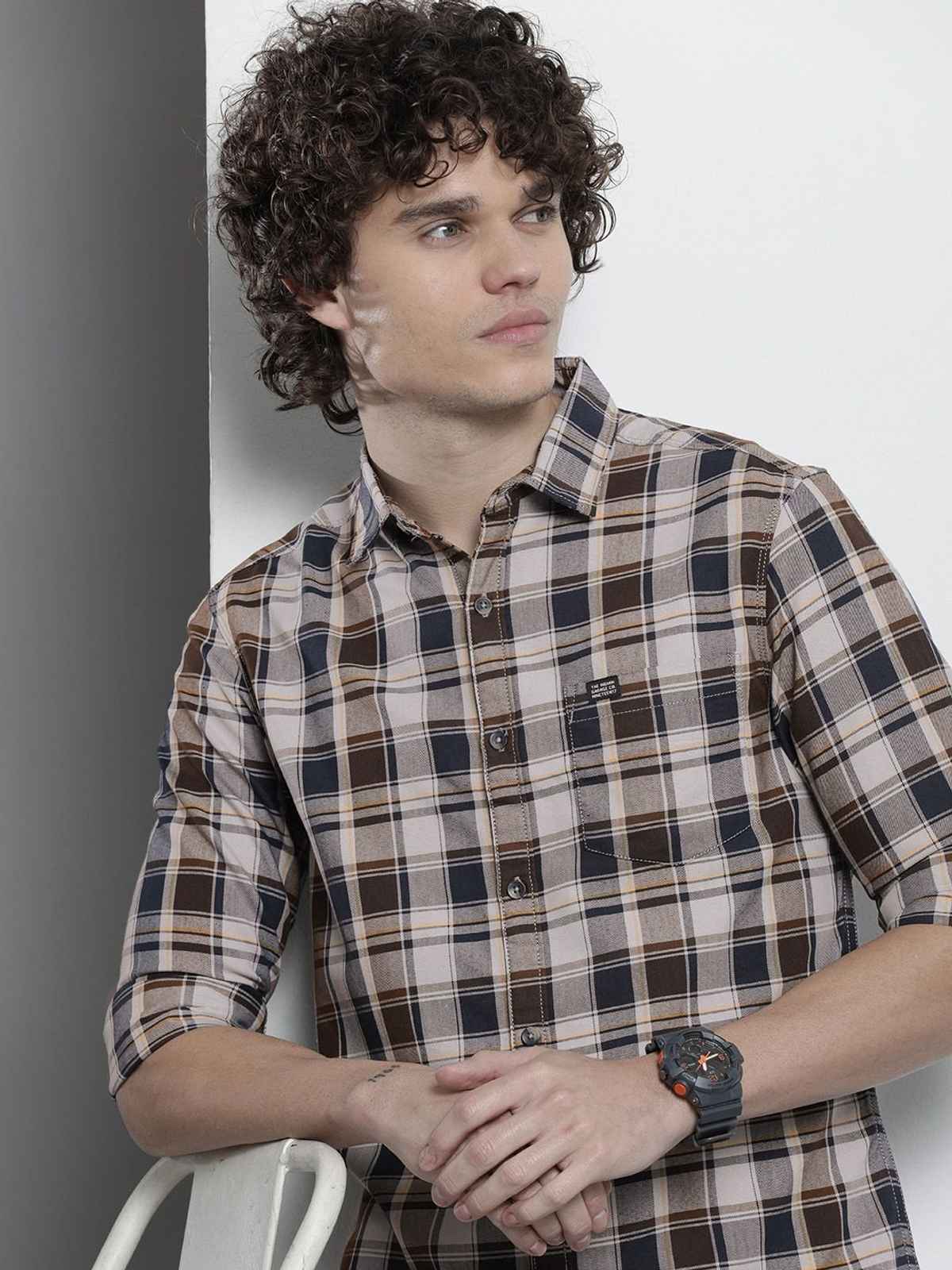 The Indian Garage Co Men's Regular Fit Checkered Casual Shirt | Multicolour - XL
