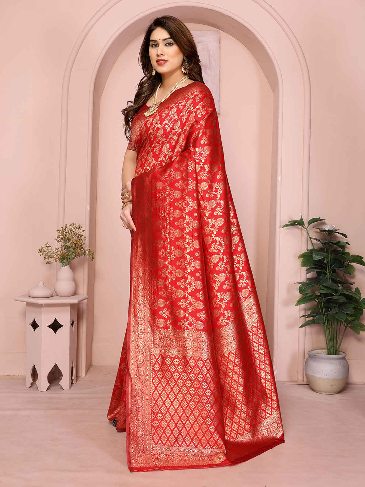 Hema Silk Mills Women Woven Banarasi Silk Blend Saree | Red