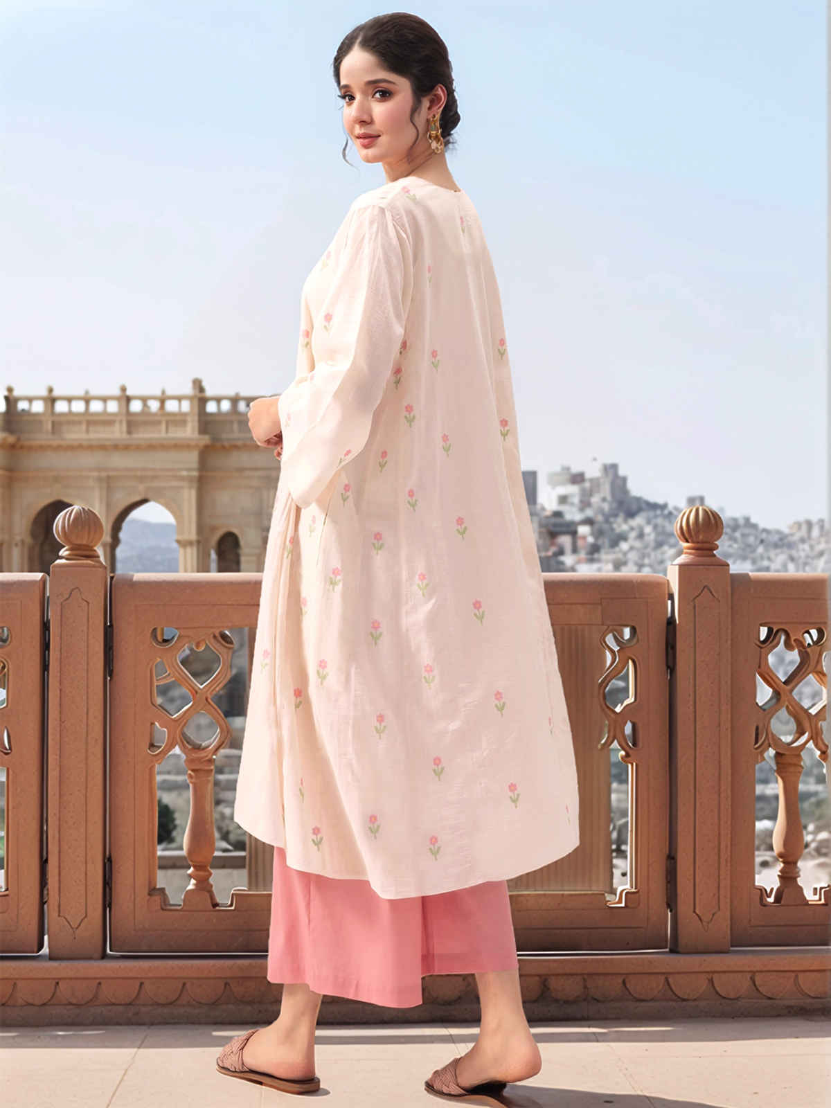 GoSriKi Women's Rayon Blend Printed Anarkali Kurta With Palazzos | Cream - S