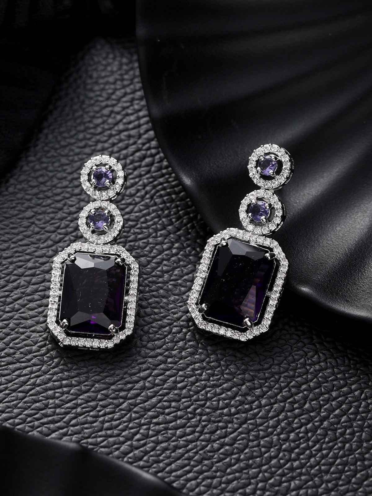 Aatmana Silver Plated Purple American Diamond Studded Drop Earrings