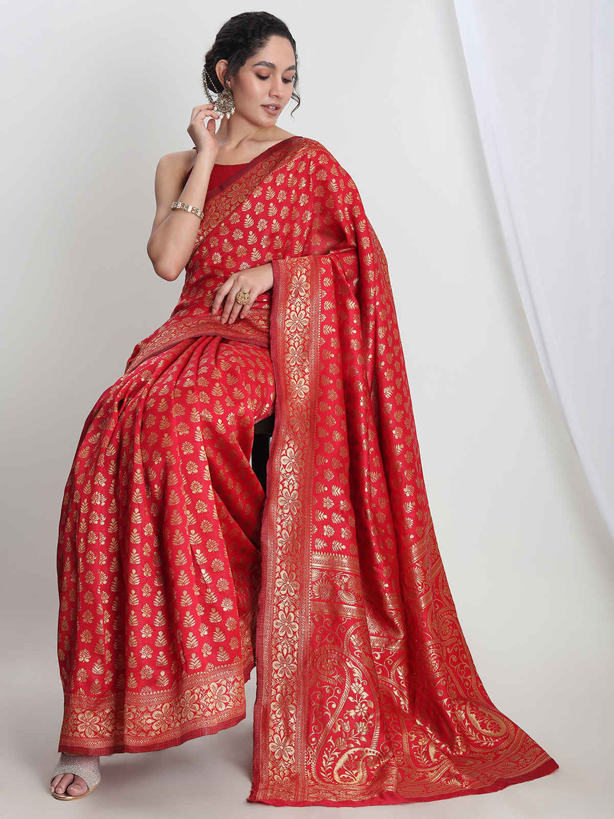 Janasya Women's Silk Blend Floral Woven Design Jacquard Saree with Blouse Piece | SAR692 | Red