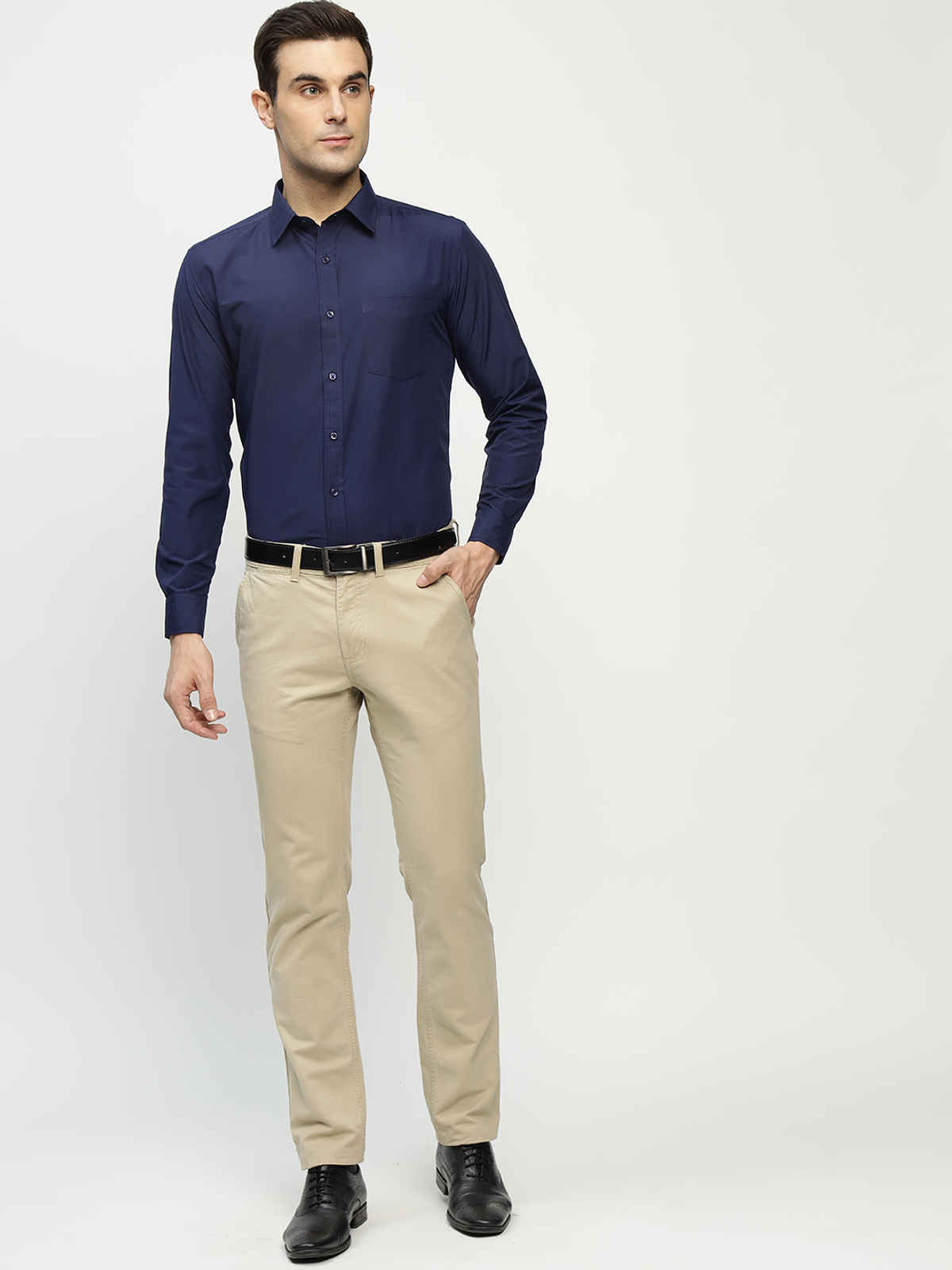 English Navy Men's Polyester Solid Slim Fit Button Closure Formal Shirt | Navy Blue - M
