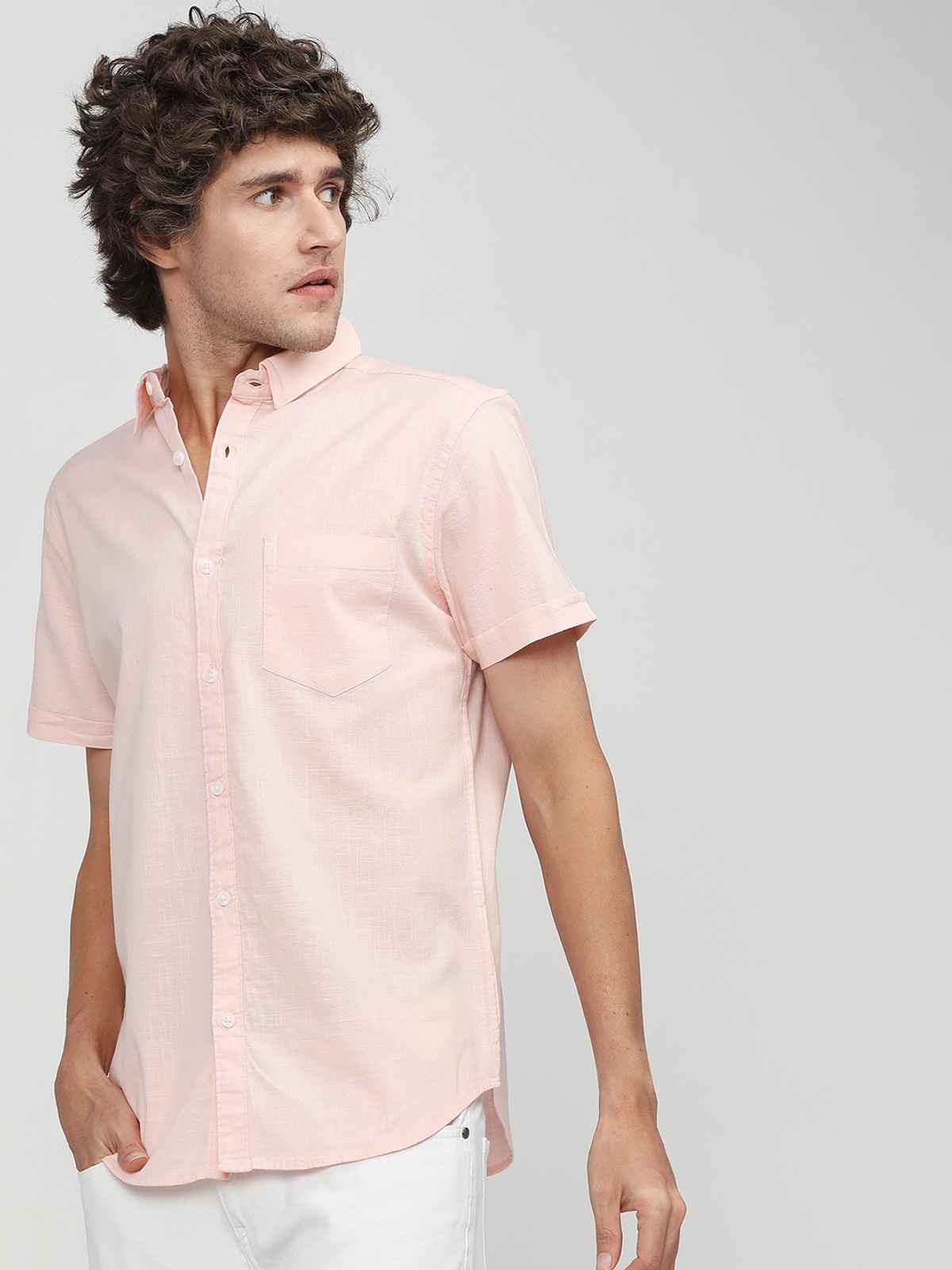 Ketch Men Slim Fit Solid Cut Away Collar Casual Shirt | Pink | M