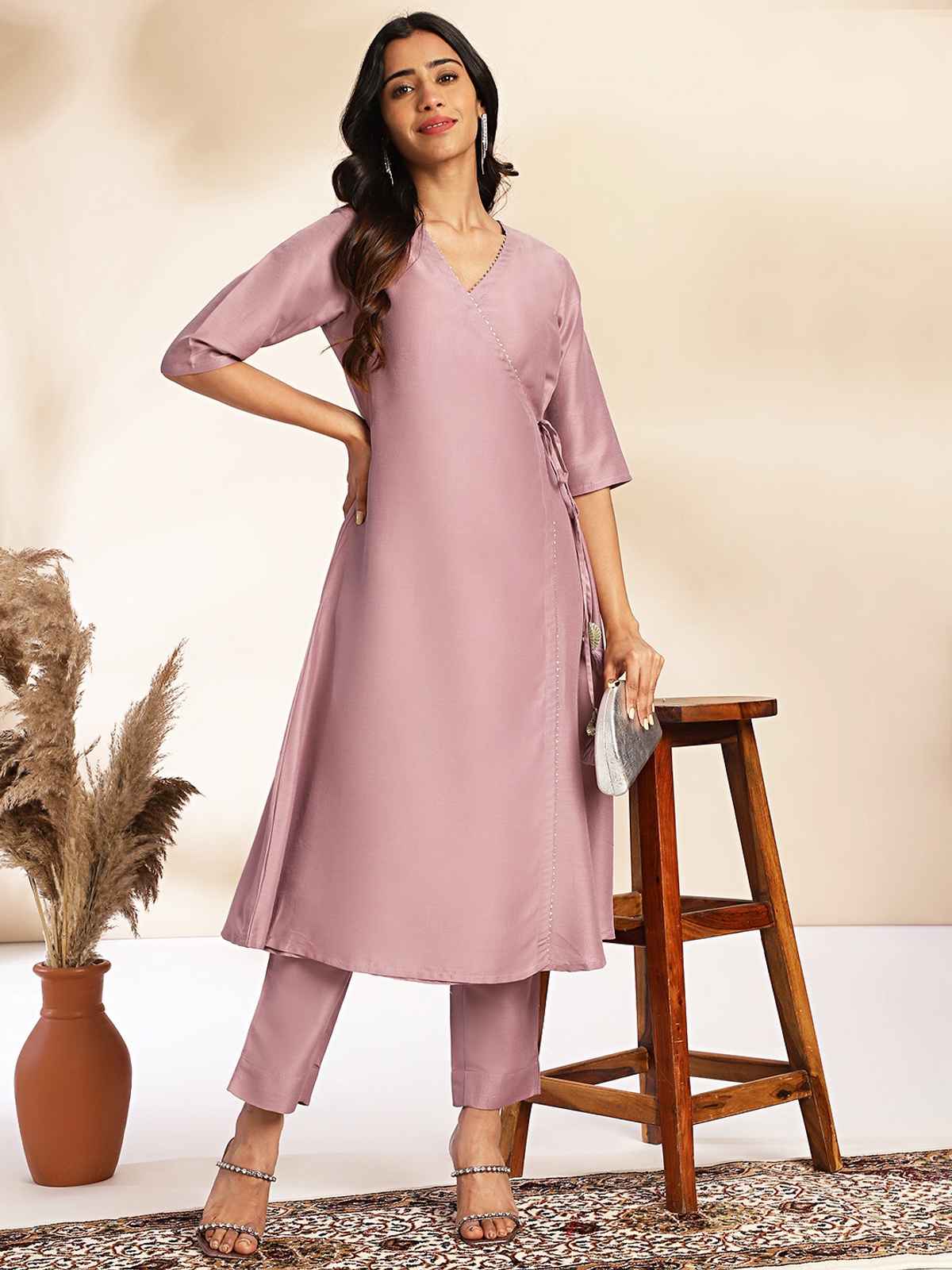 Janasya Women's Lavender Silk Blend Solid Wrap Kurta Set | L
