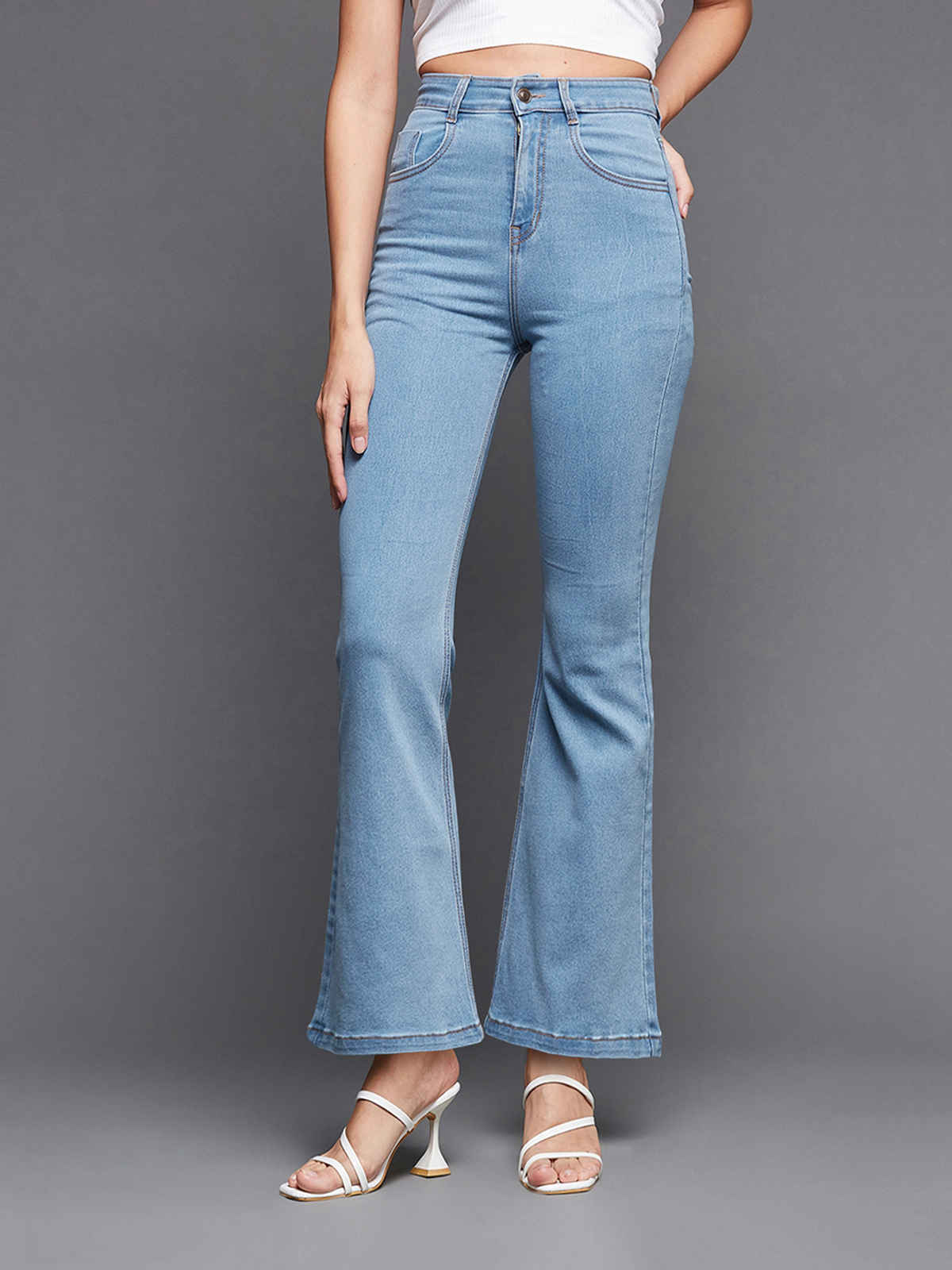 Miss Chase Women Bootcut High rise Clean look Regular Stretchable Denim Jeans | Light Blue | 28